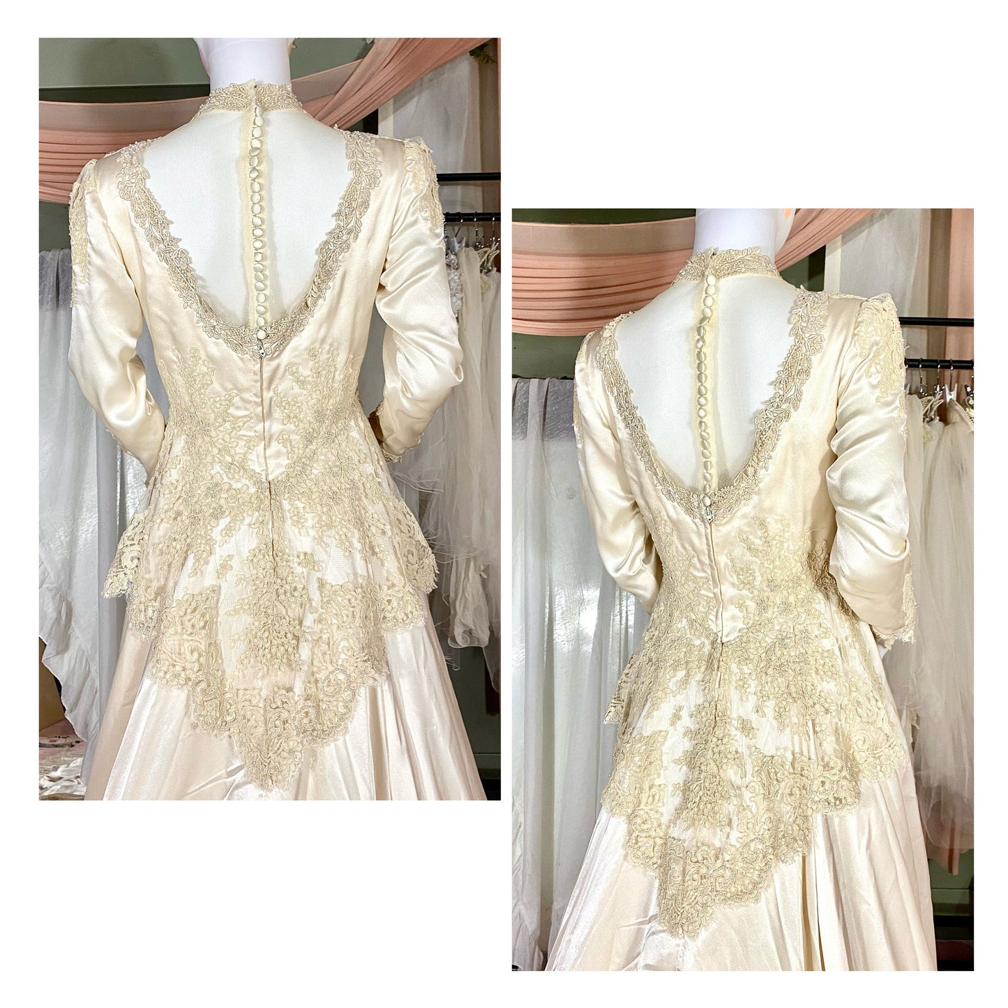 Champagne Vintage Wedding Dress With Lace Detail & Matching Veil