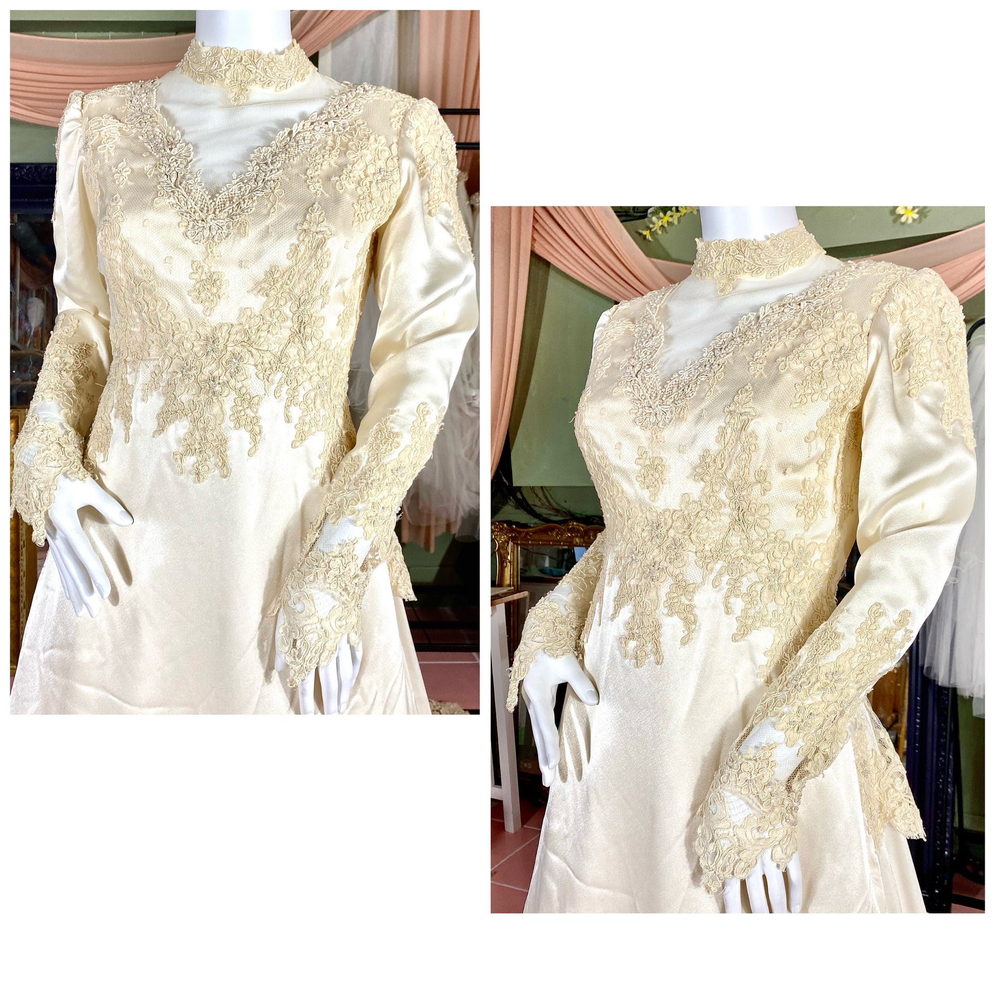 Champagne Vintage Wedding Dress With Lace Detail & Matching Veil