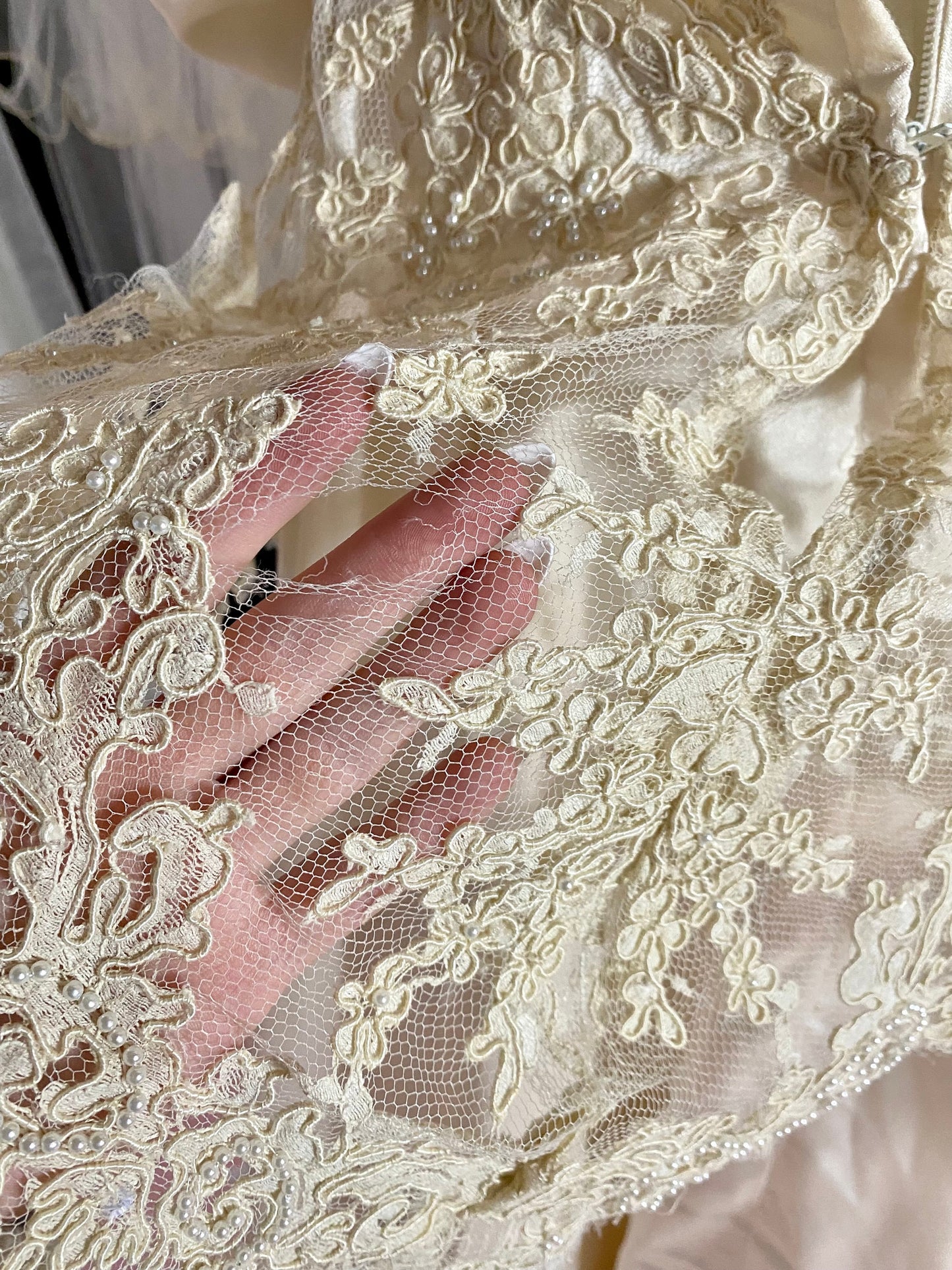 Champagne Vintage Wedding Dress With Lace Detail & Matching Veil