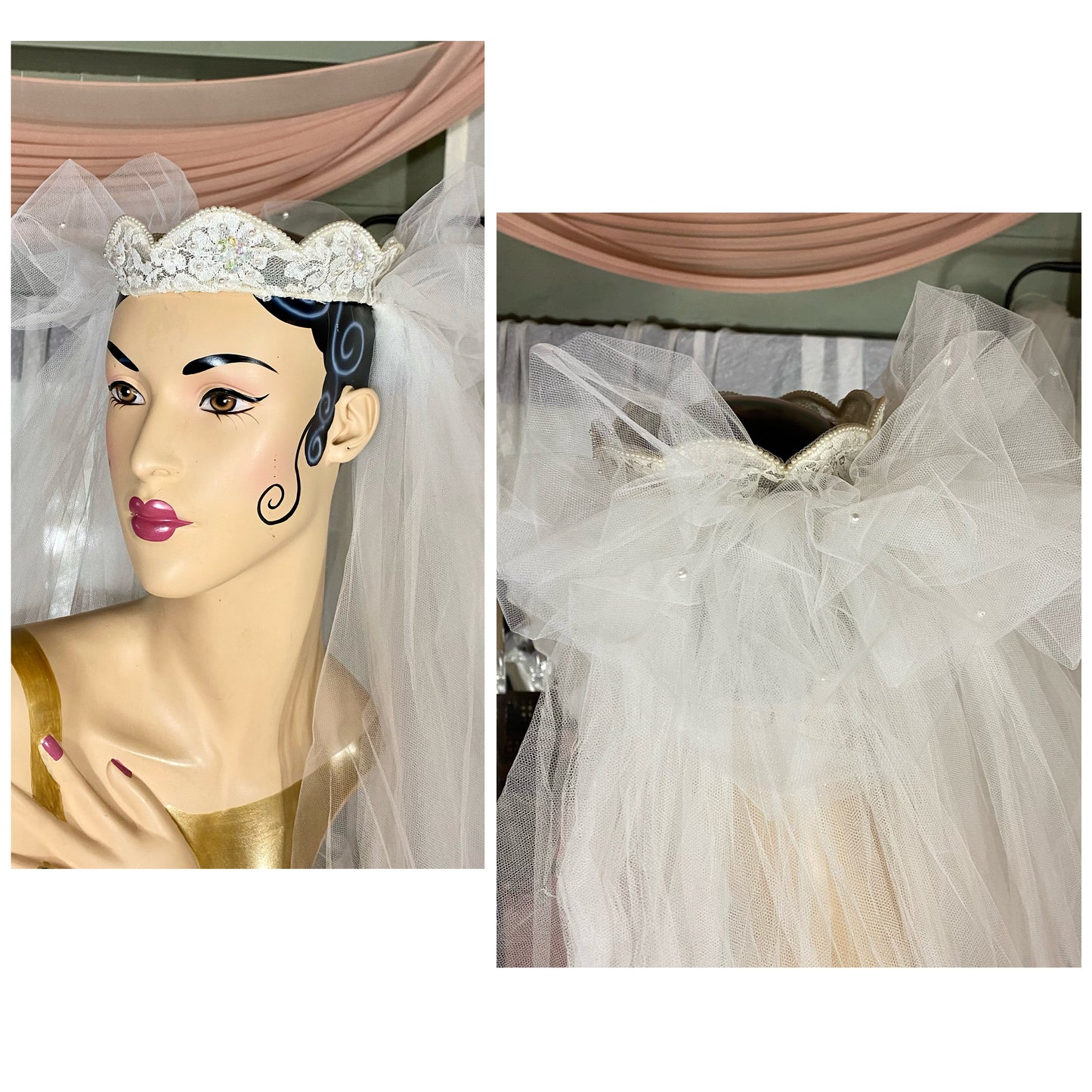 Champagne Vintage Wedding Dress With Lace Detail & Matching Veil