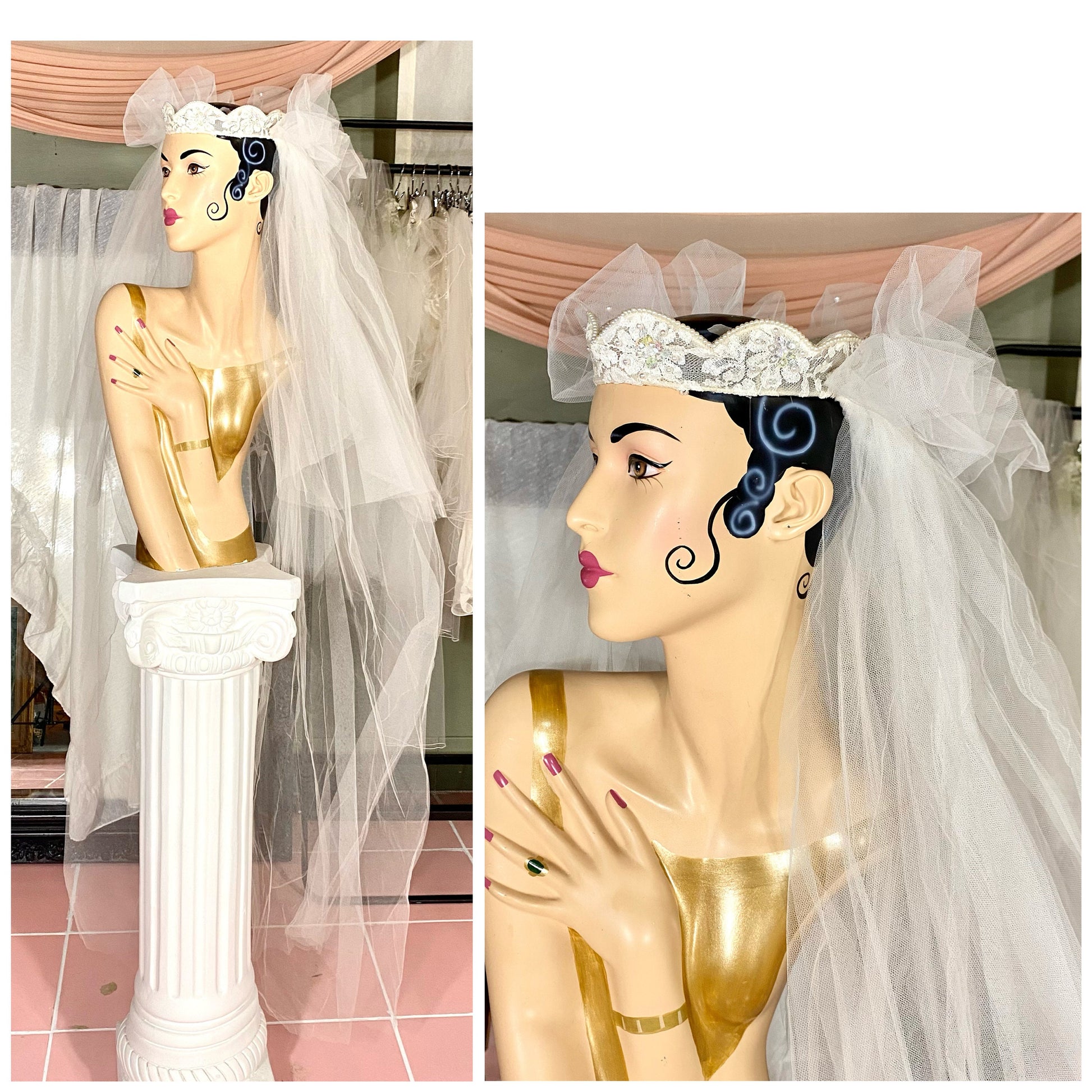 Champagne Vintage Wedding Dress With Lace Detail & Matching Veil