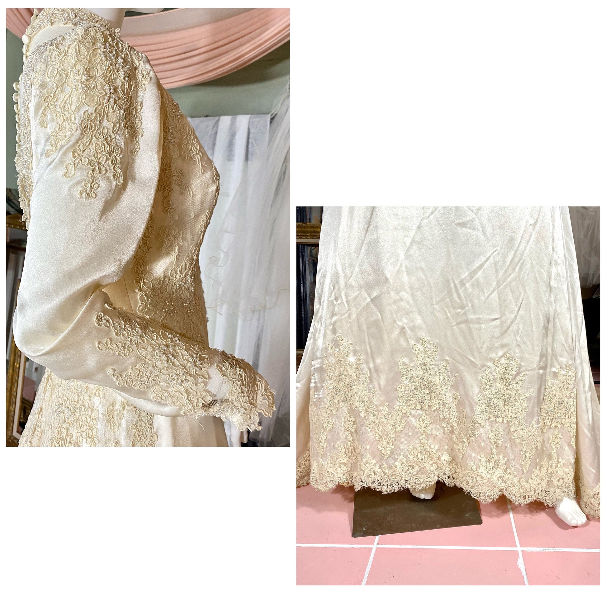 Champagne Vintage Wedding Dress With Lace Detail & Matching Veil