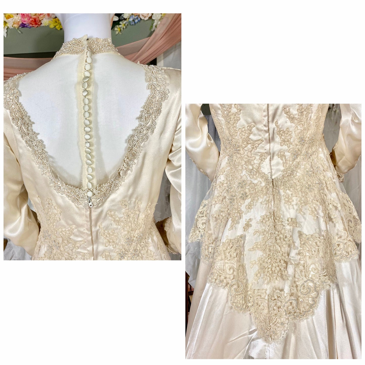 Champagne Vintage Wedding Dress With Lace Detail & Matching Veil