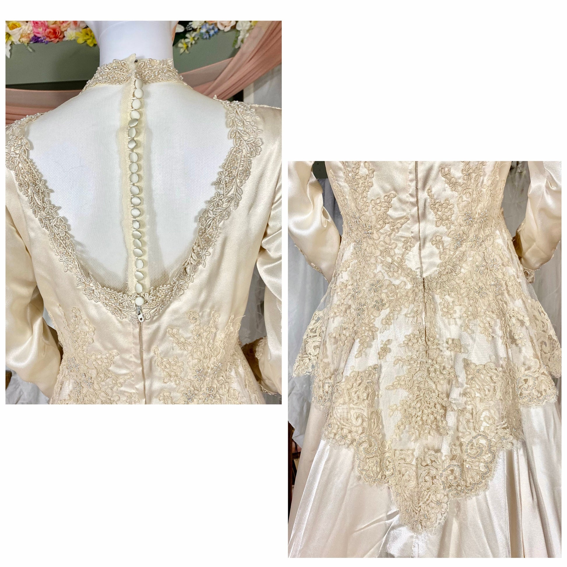 Champagne Vintage Wedding Dress With Lace Detail & Matching Veil