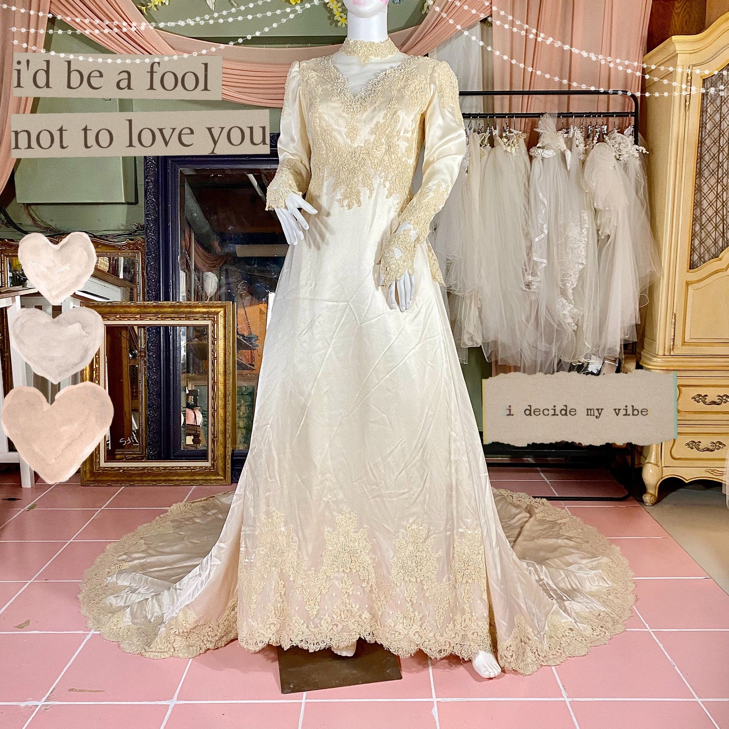 Champagne Vintage Wedding Dress With Lace Detail & Matching Veil