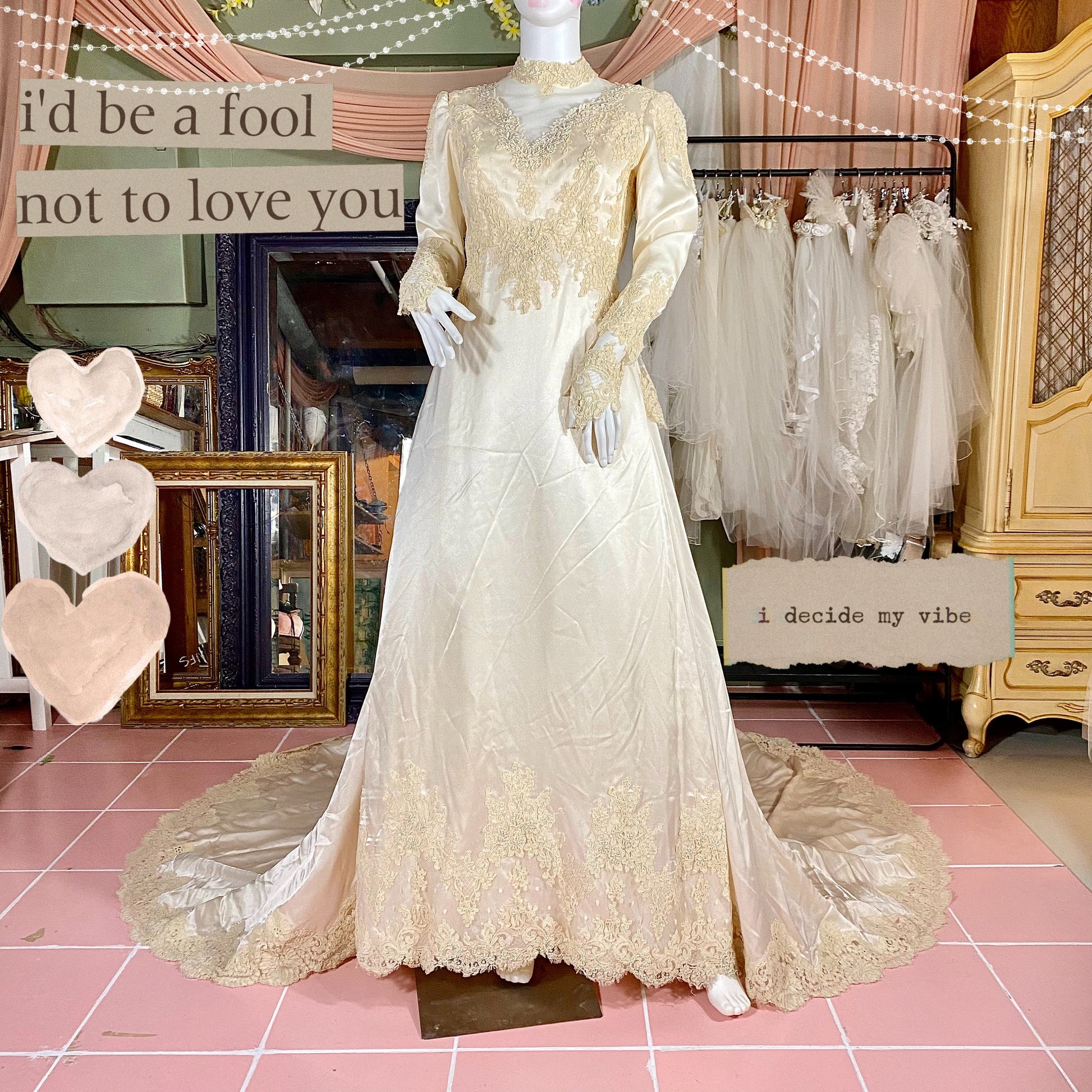 Champagne Vintage Wedding Dress With Lace Detail & Matching Veil