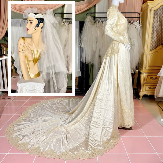 Champagne Vintage Wedding Dress With Lace Detail & Matching Veil