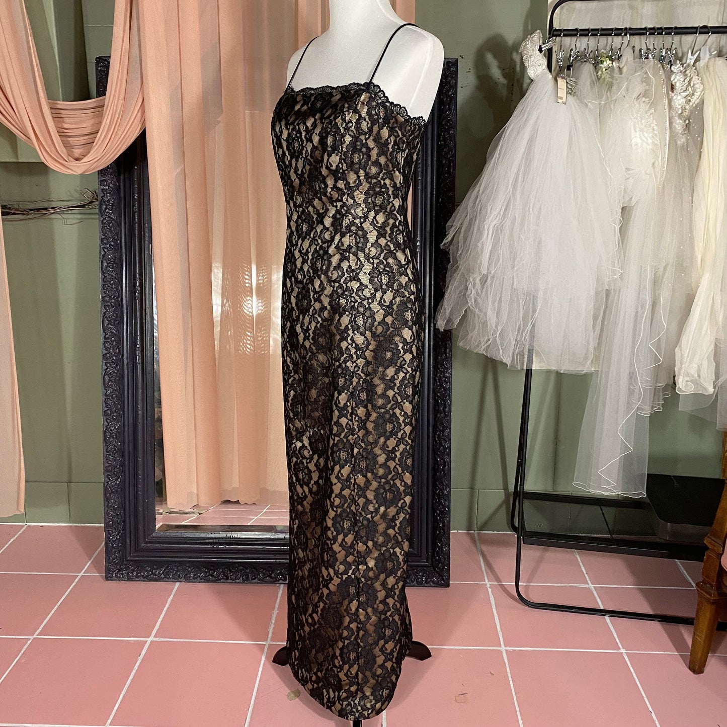 Black Lace & Beige Floor Length Dress Arianna by Rachel Kaye