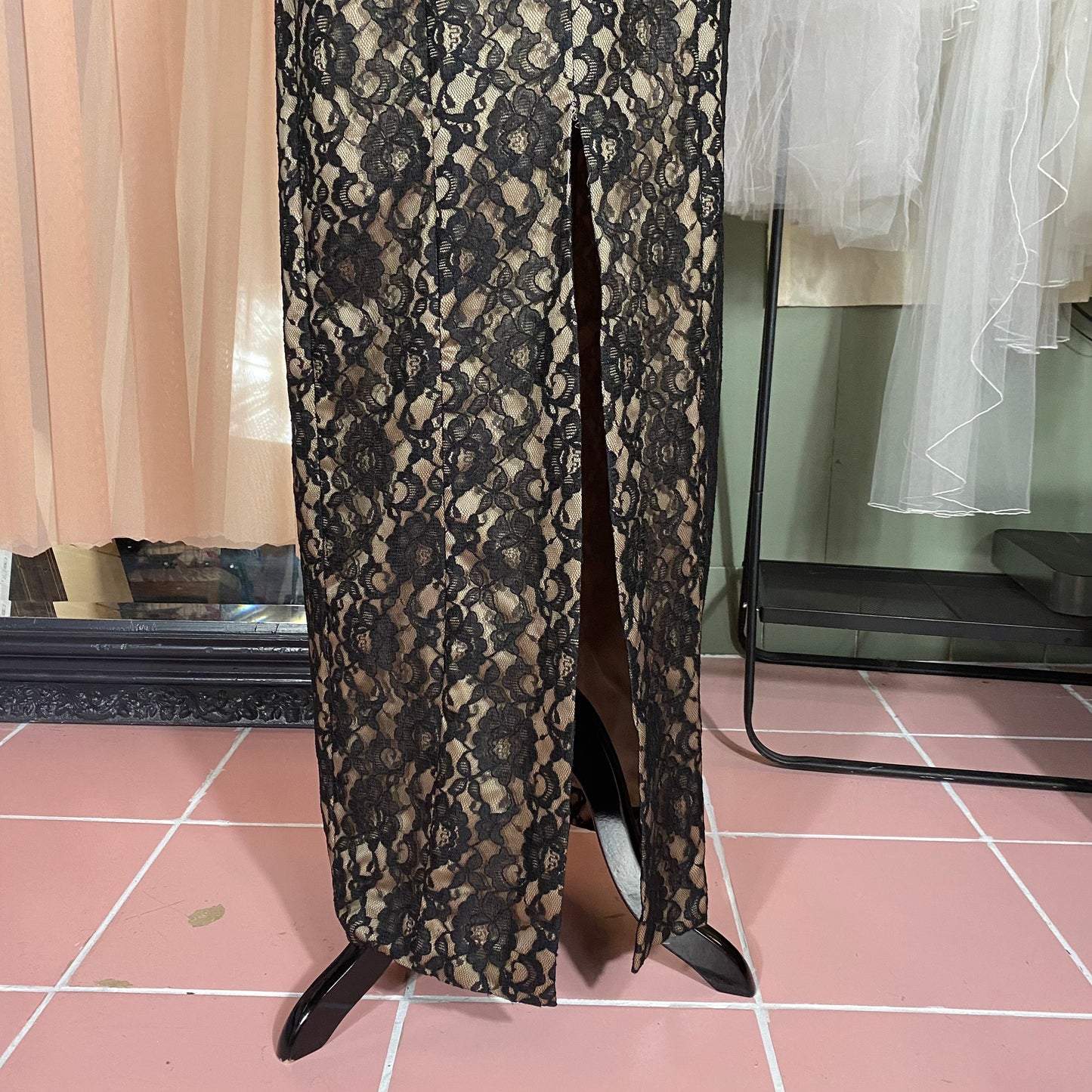 Black Lace & Beige Floor Length Dress Arianna by Rachel Kaye