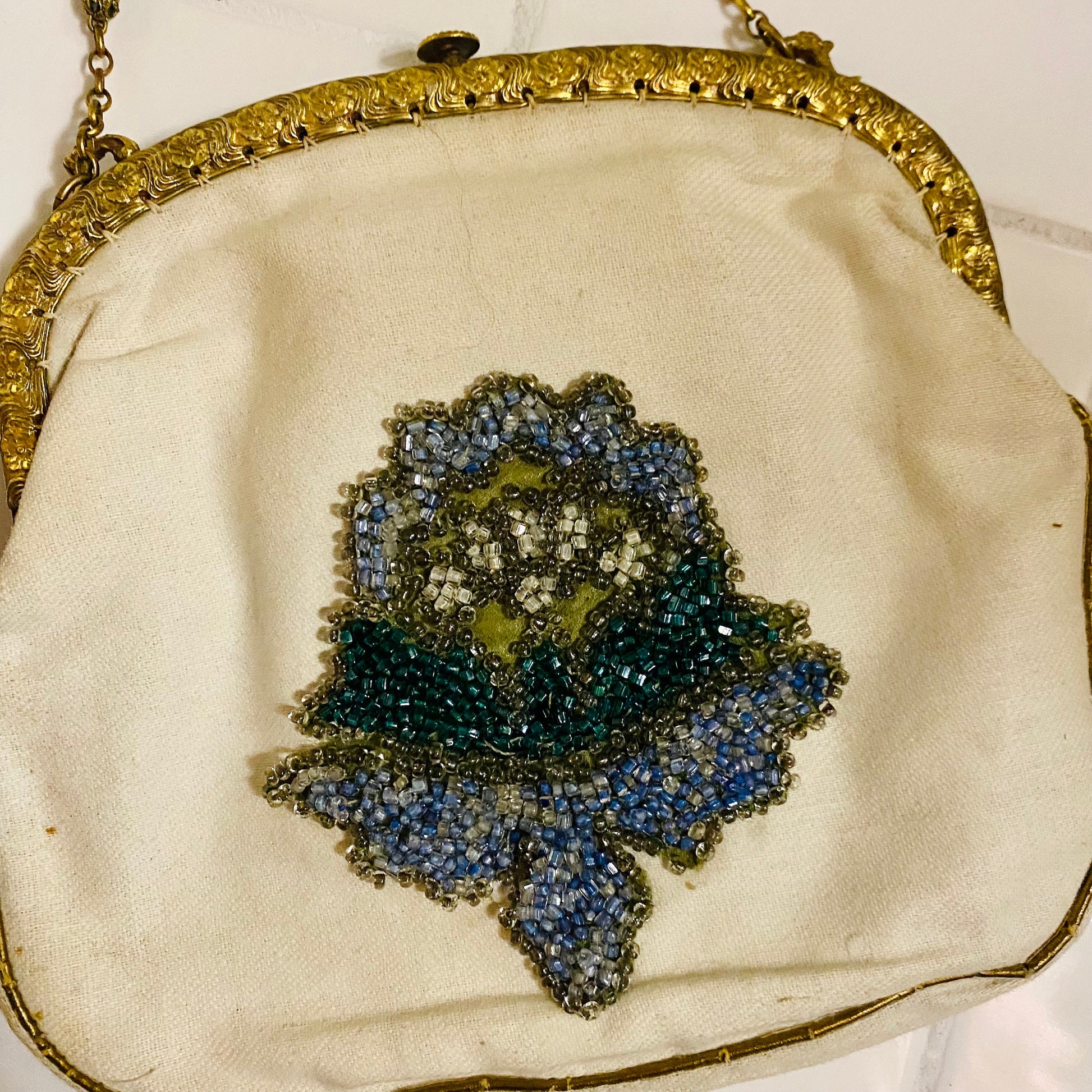 Vintage 1962 Beaded Cream & Gold Clutch with Jade Accents