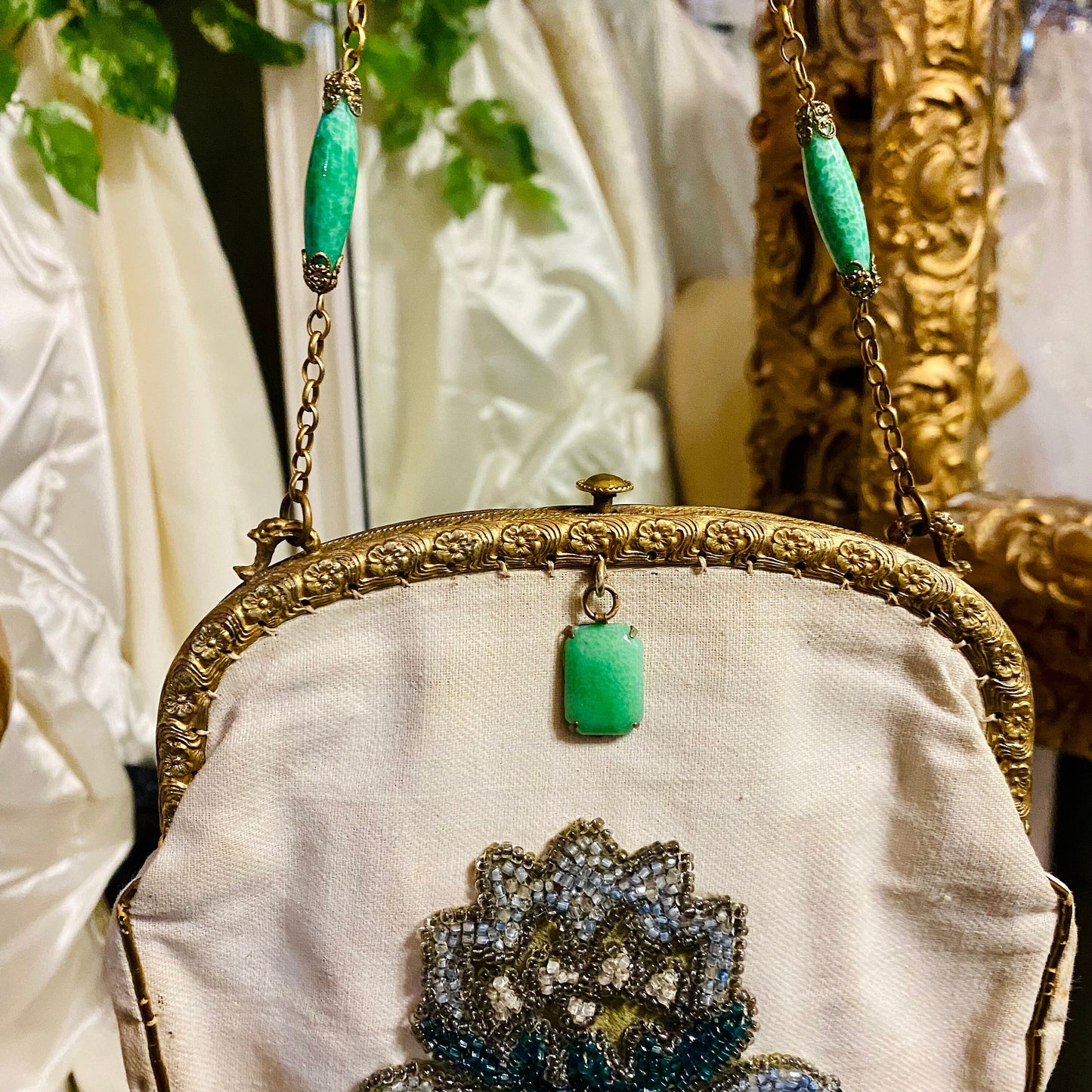 Vintage 1962 Beaded Cream & Gold Clutch with Jade Accents