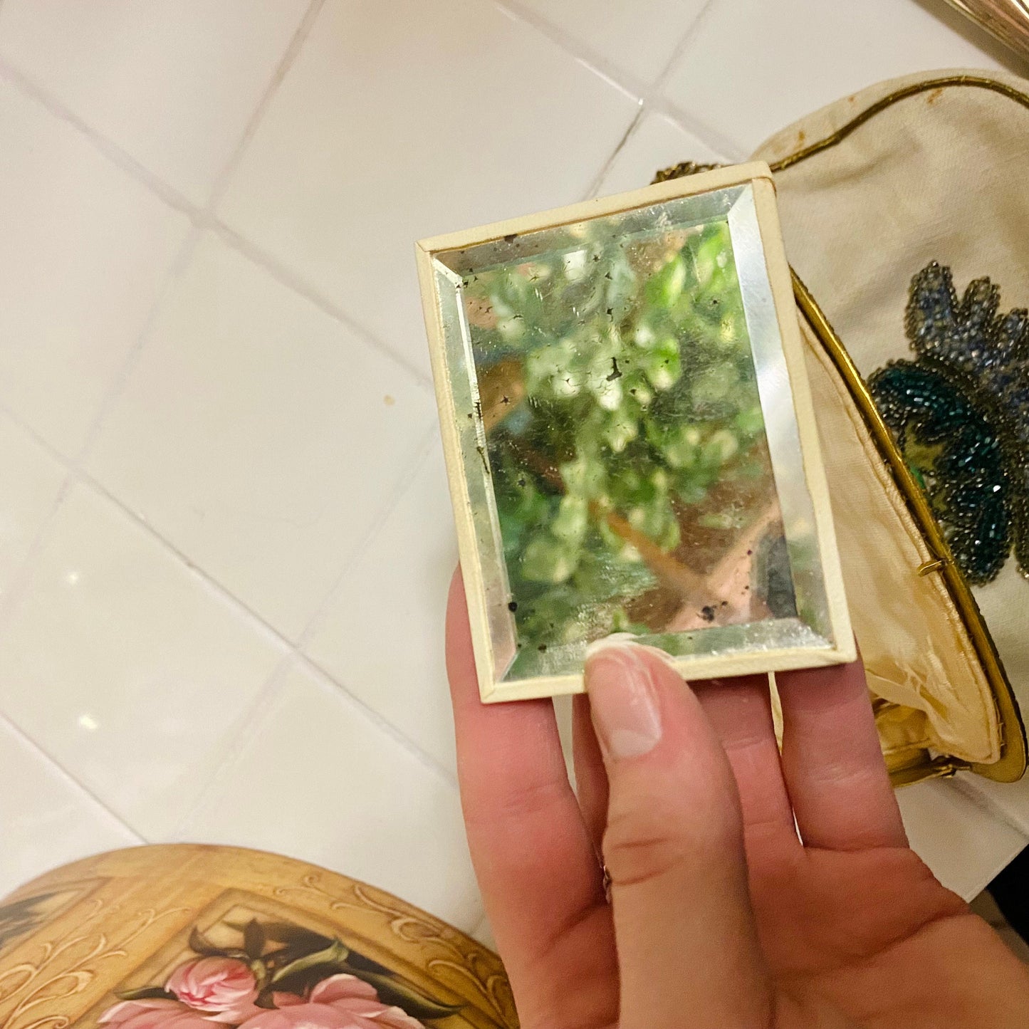 Vintage 1962 Beaded Cream & Gold Clutch with Jade Accents