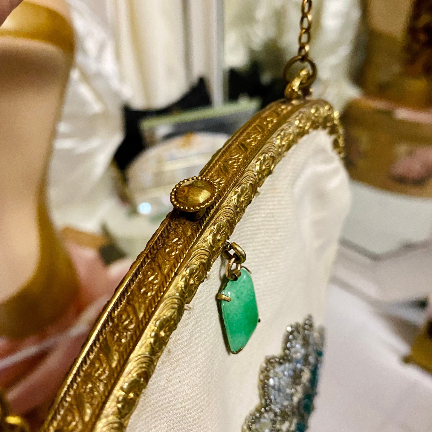 Vintage 1962 Beaded Cream & Gold Clutch with Jade Accents