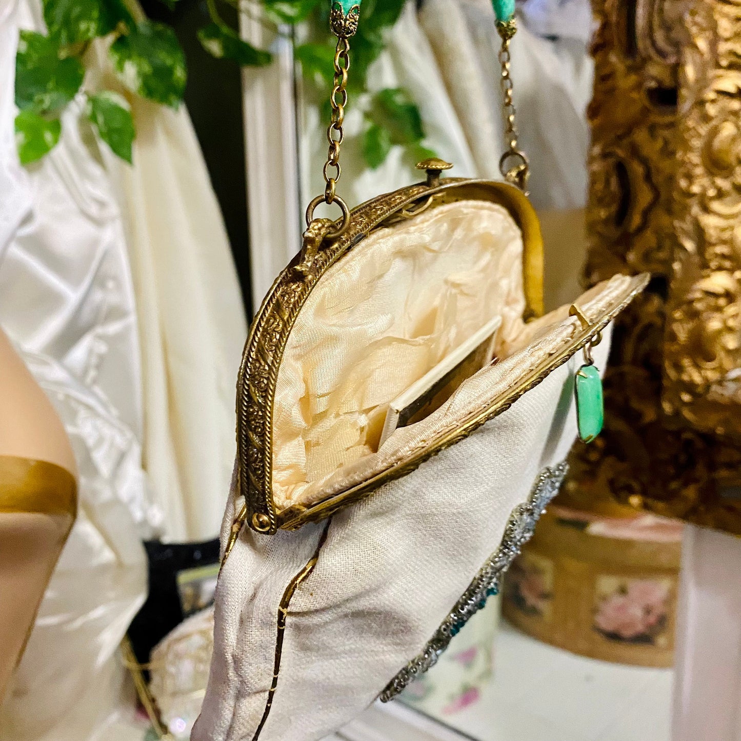 Vintage 1962 Beaded Cream & Gold Clutch with Jade Accents