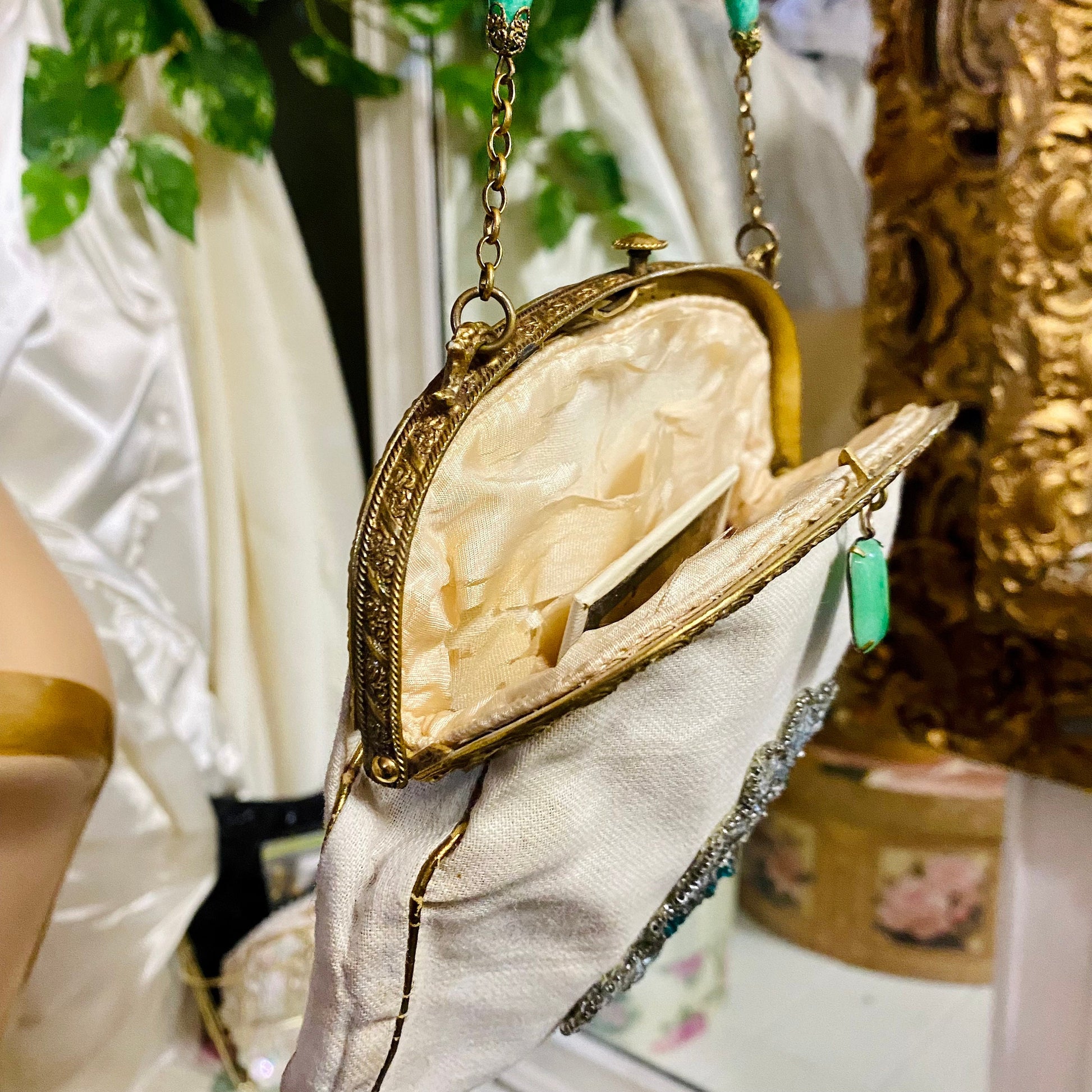 Vintage 1962 Beaded Cream & Gold Clutch with Jade Accents