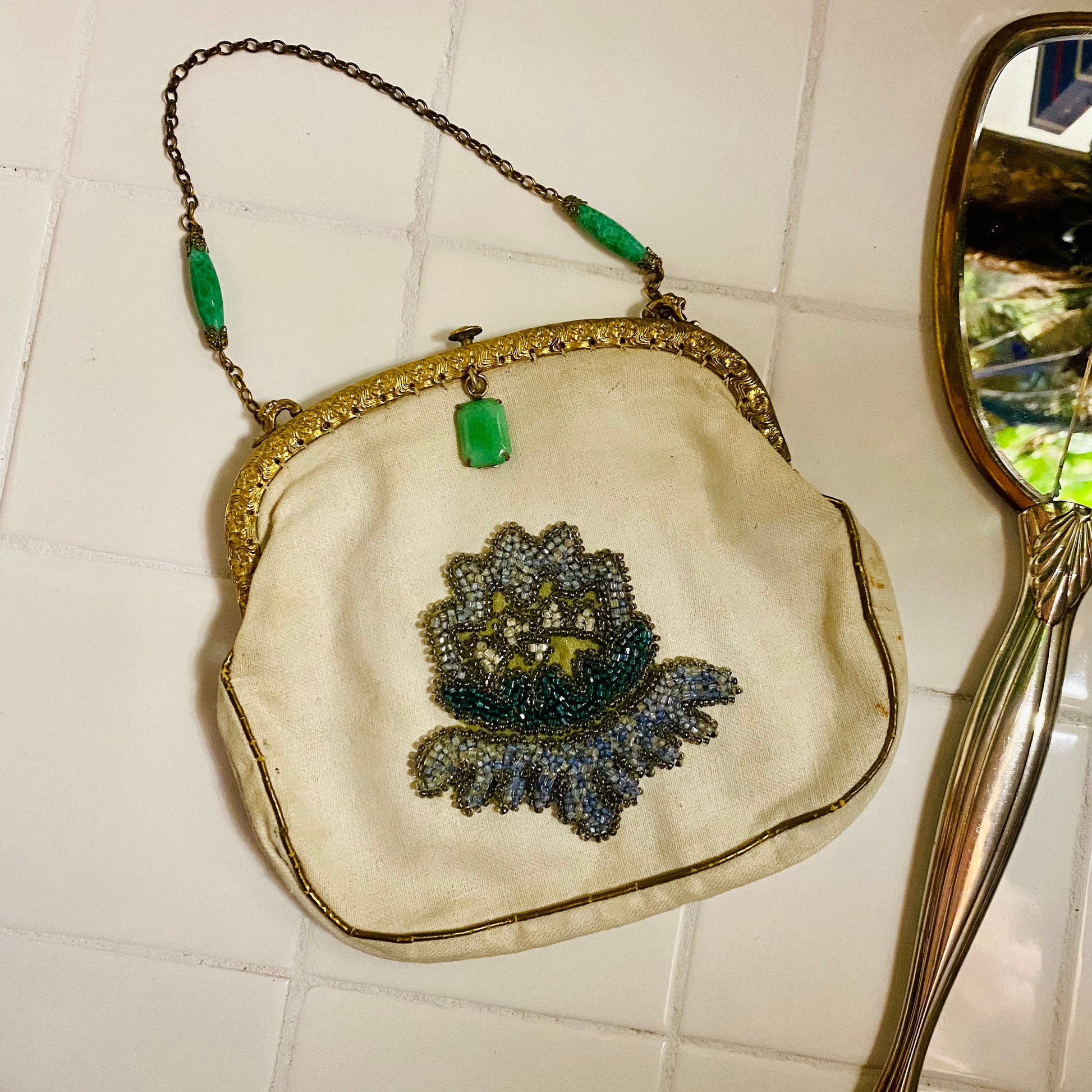 Vintage 1962 Beaded Cream & Gold Clutch with Jade Accents