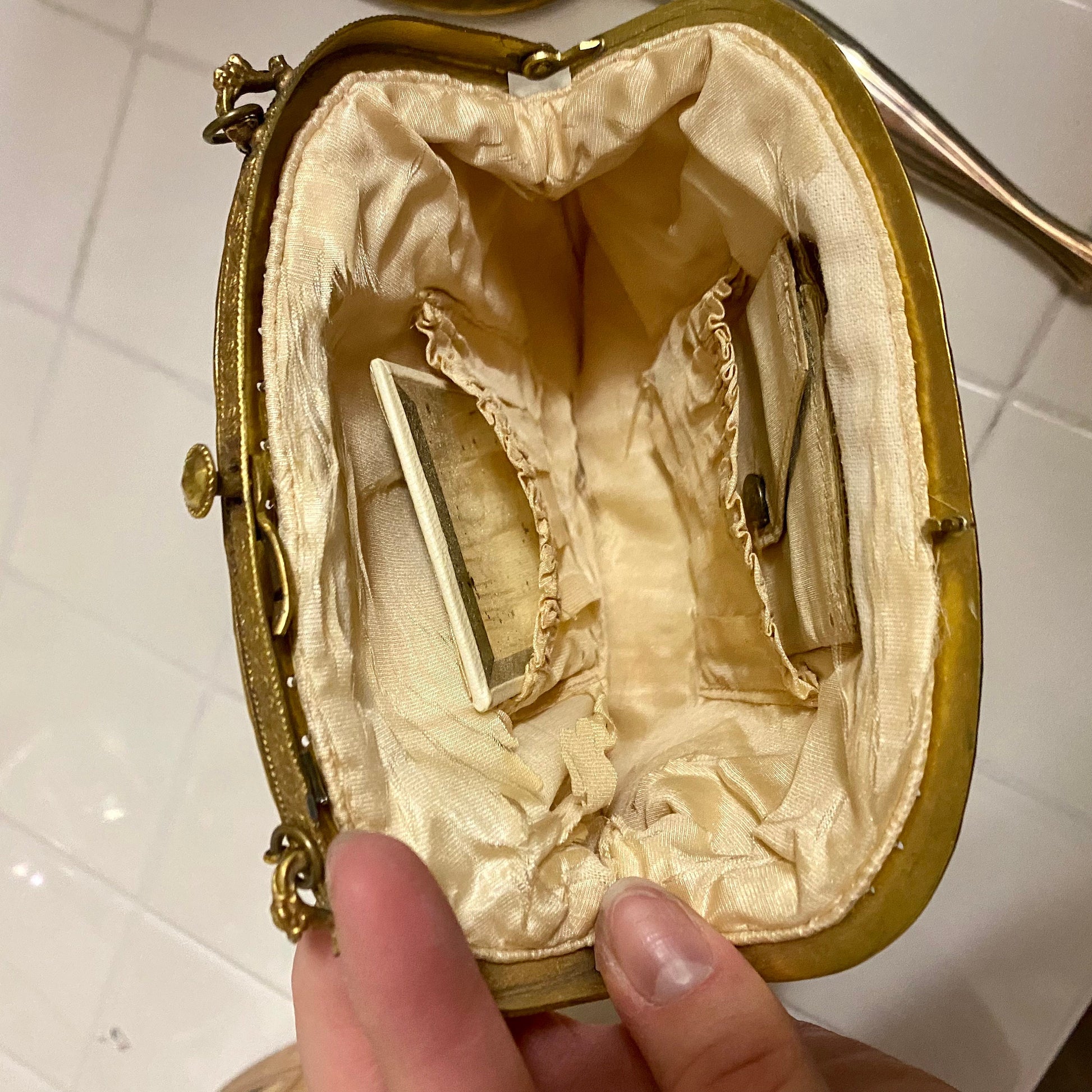 Vintage 1962 Beaded Cream & Gold Clutch with Jade Accents