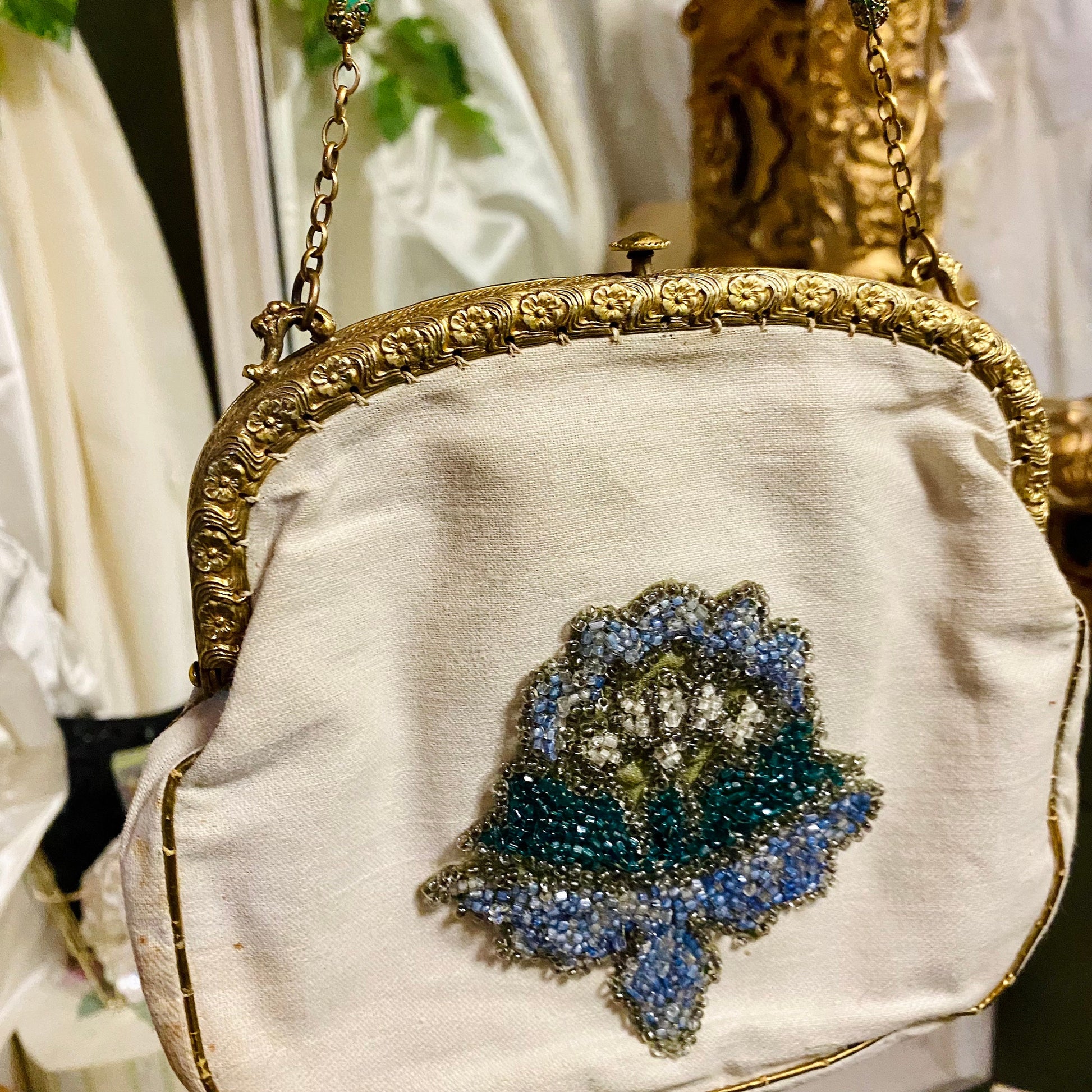 Vintage 1962 Beaded Cream & Gold Clutch with Jade Accents