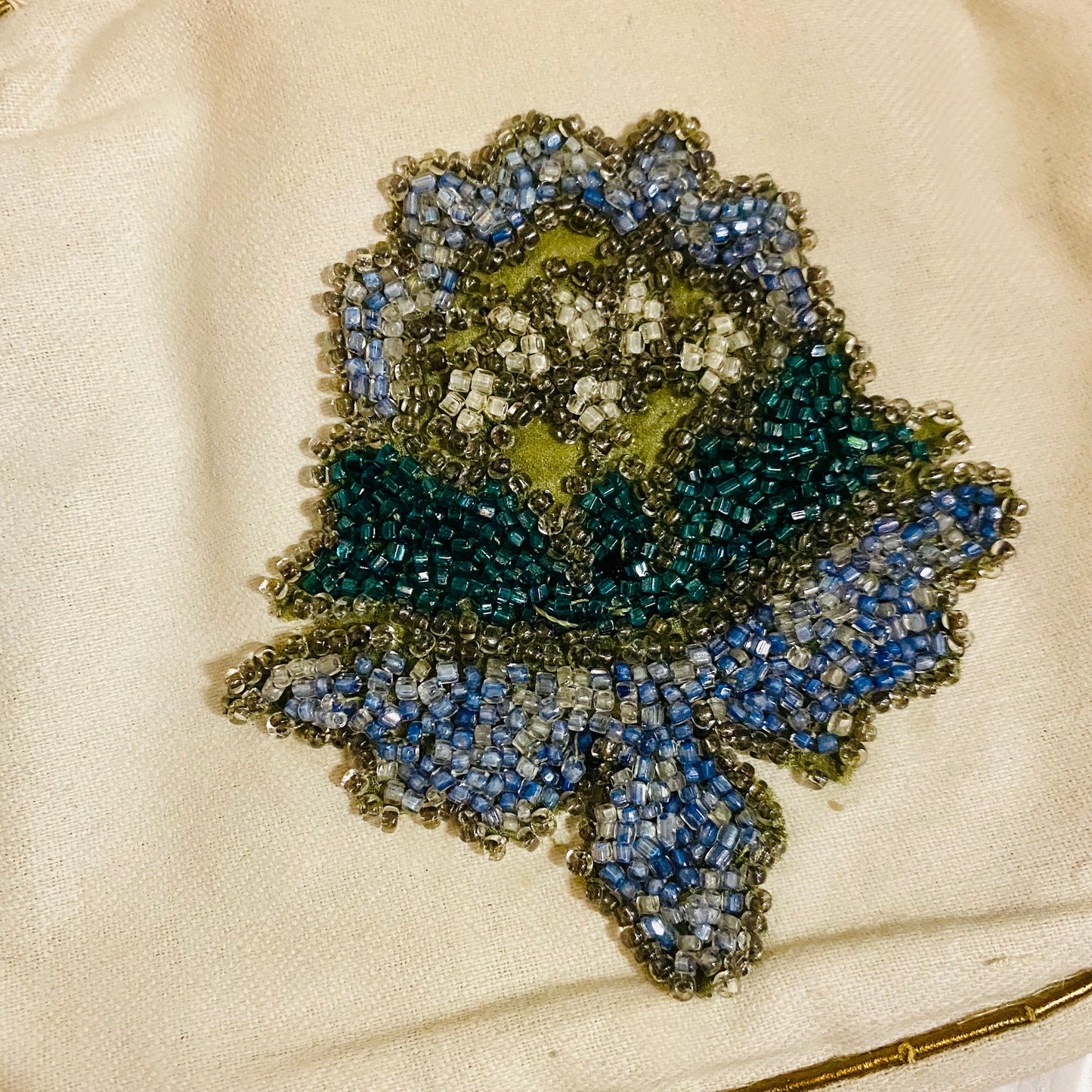 Vintage 1962 Beaded Cream & Gold Clutch with Jade Accents