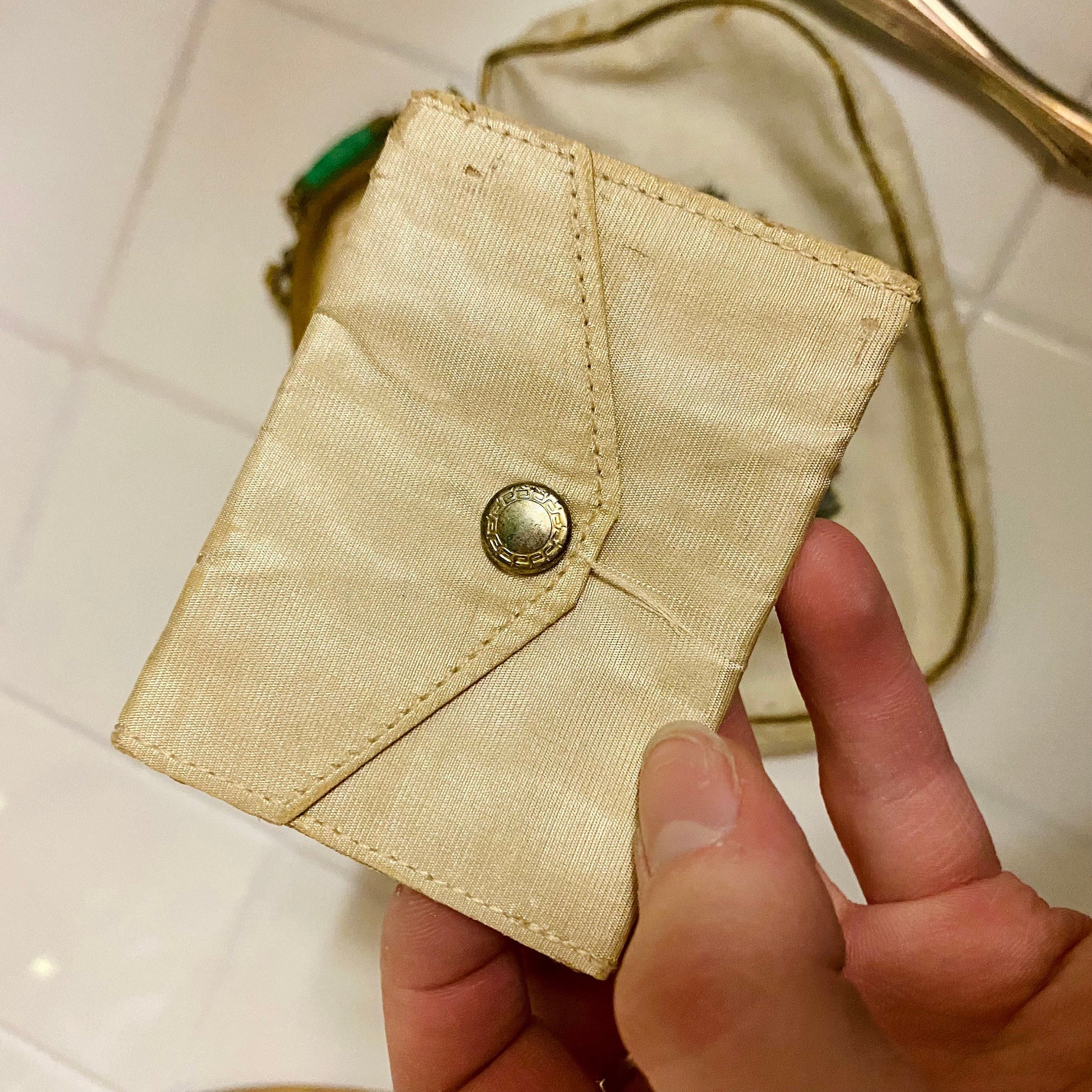 Vintage 1962 Beaded Cream & Gold Clutch with Jade Accents