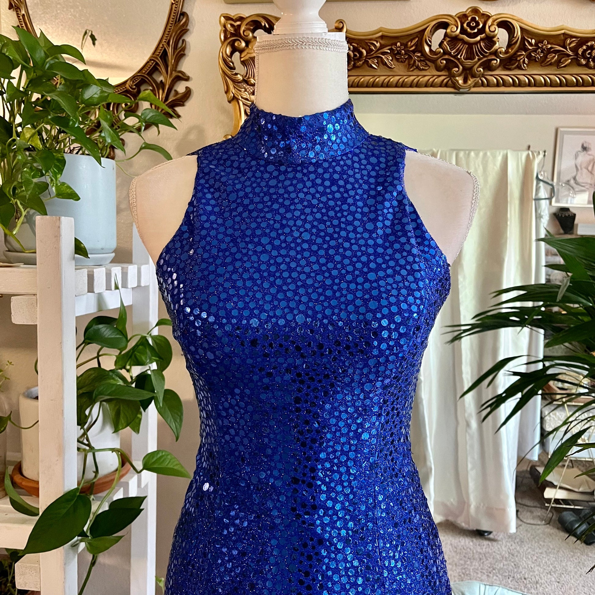 Flirtations 80's Sleeveless Blue Sequin Dress With Sexy Back