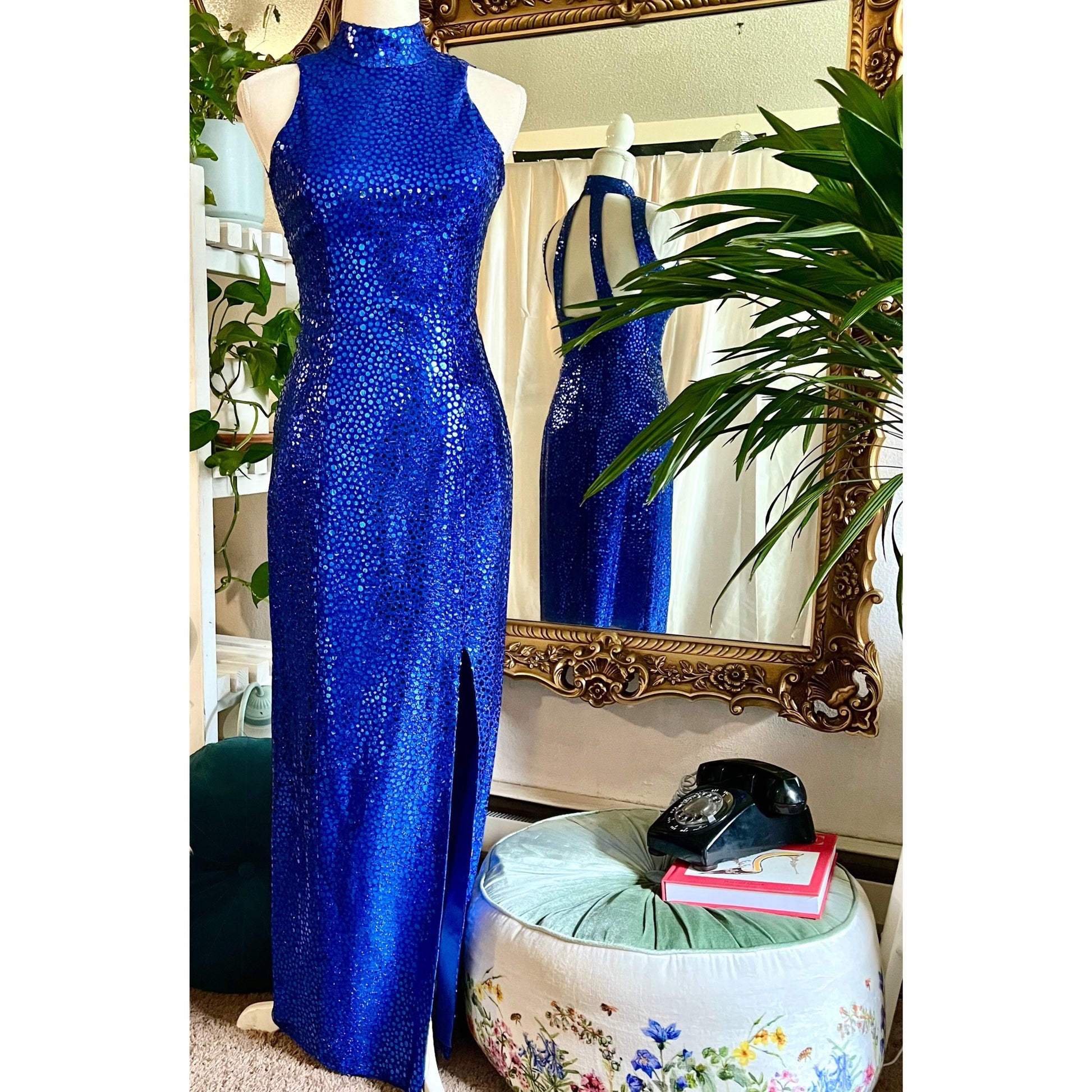 Flirtations 80's Sleeveless Blue Sequin Dress With Sexy Back