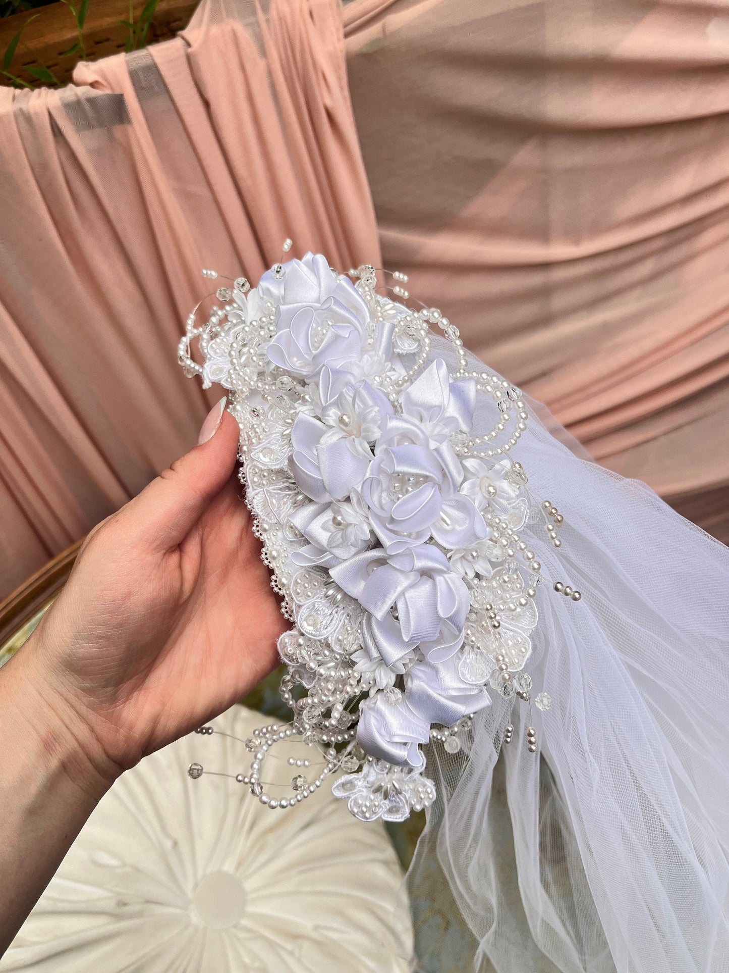 Vintage Veil With Floral & Pearl Headpiece