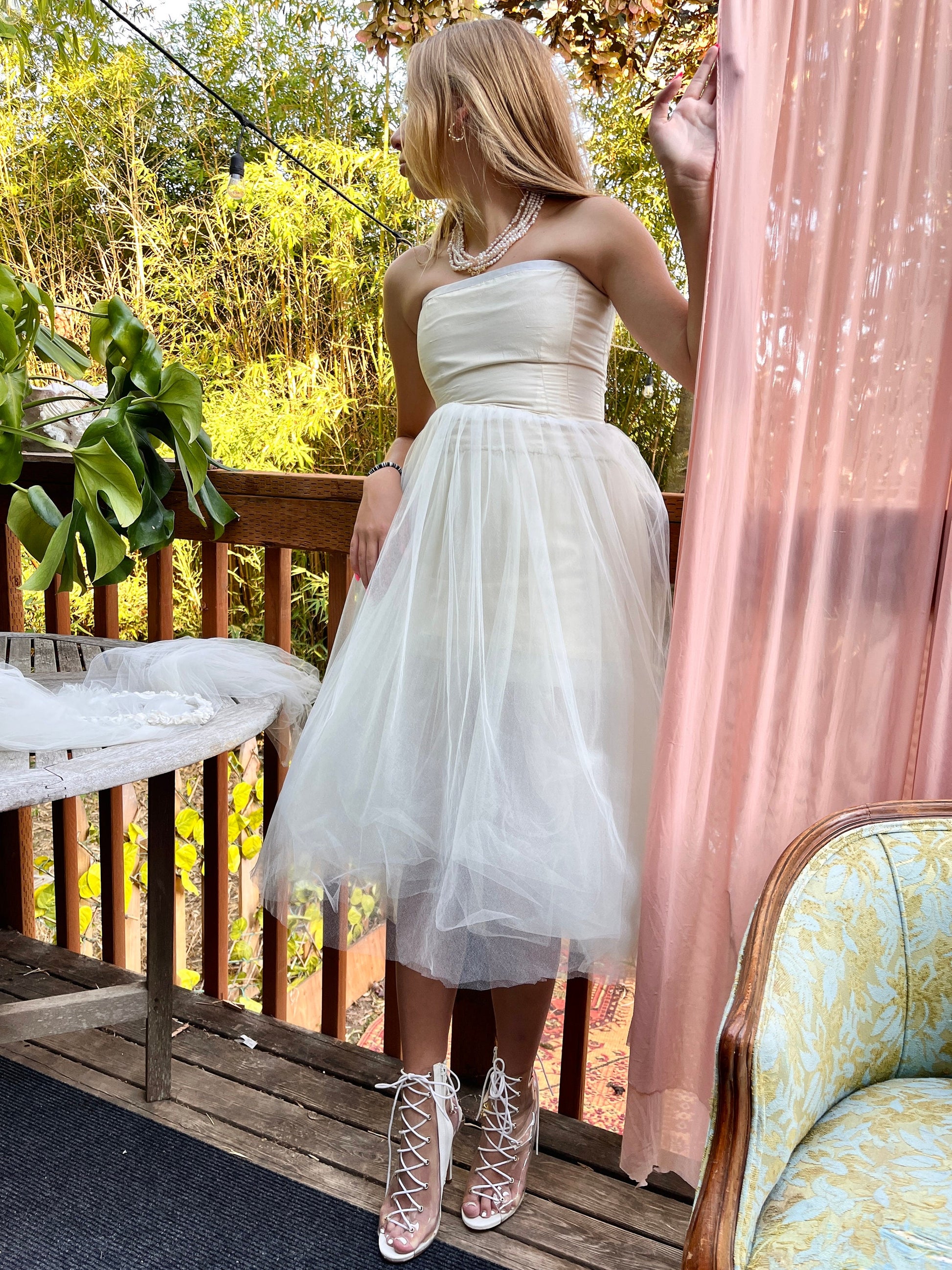 Alison Parris Ivory Silk Dress With Tulle Skirt