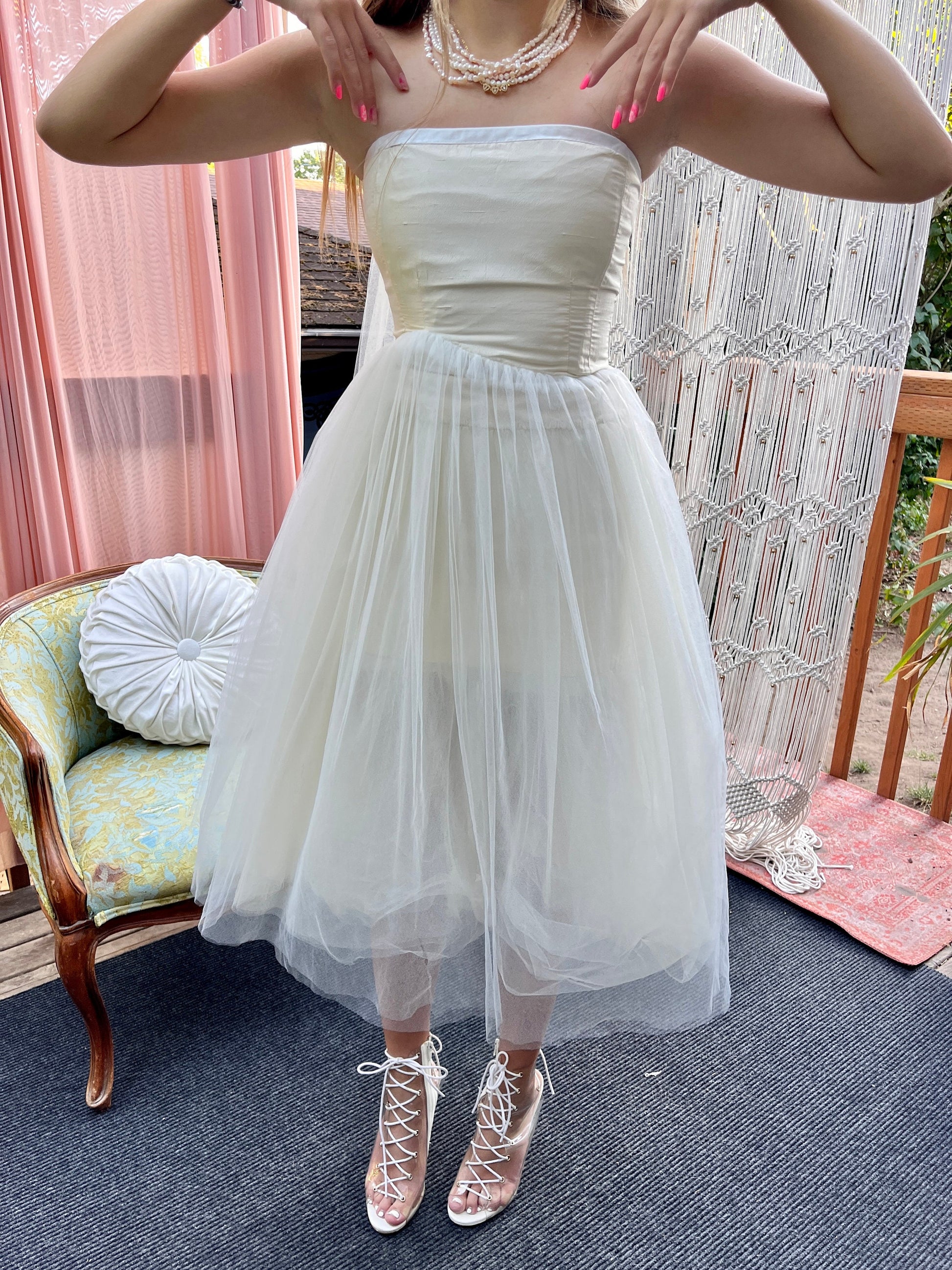 Alison Parris Ivory Silk Dress With Tulle Skirt