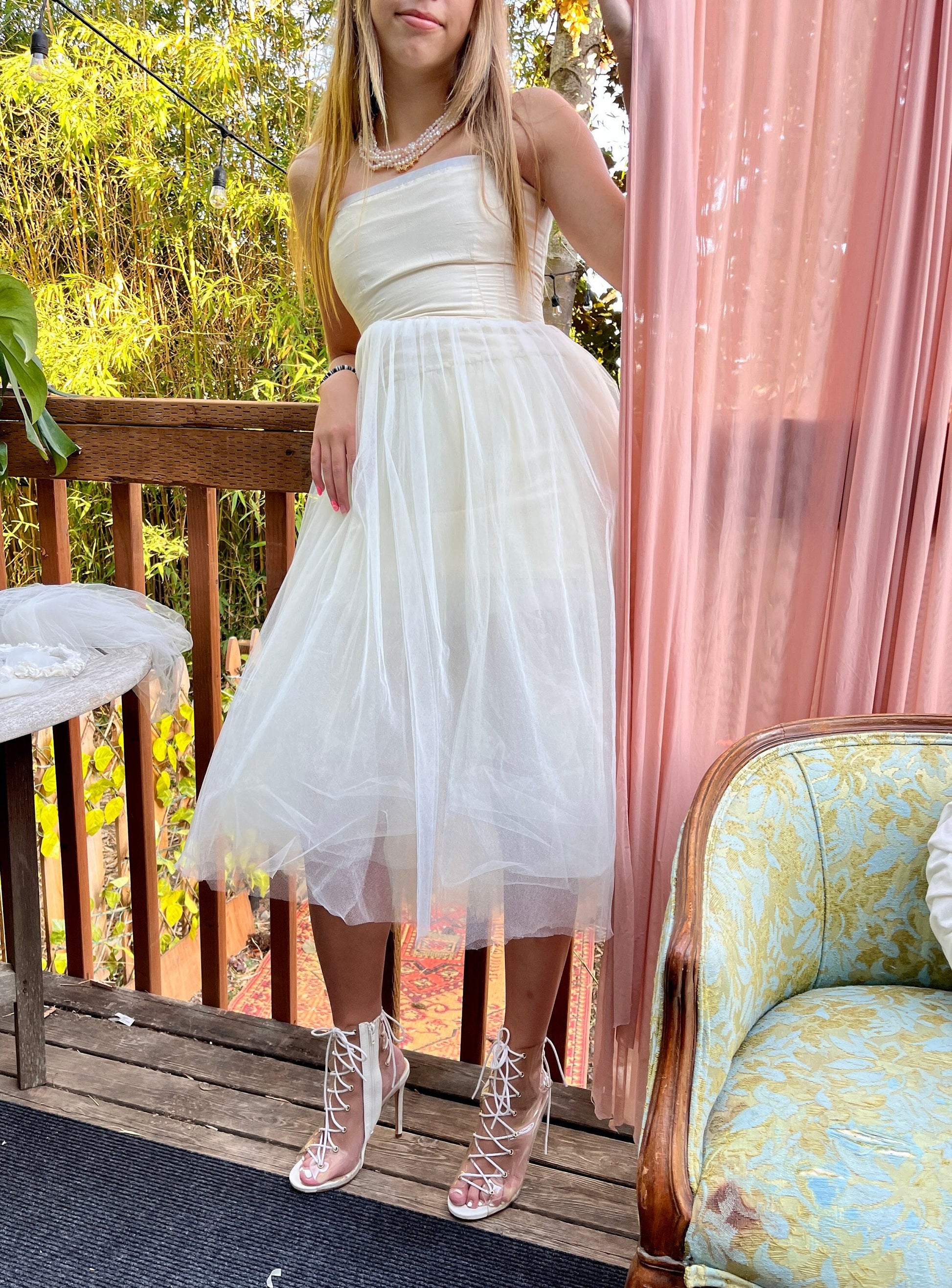 Alison Parris Ivory Silk Dress With Tulle Skirt