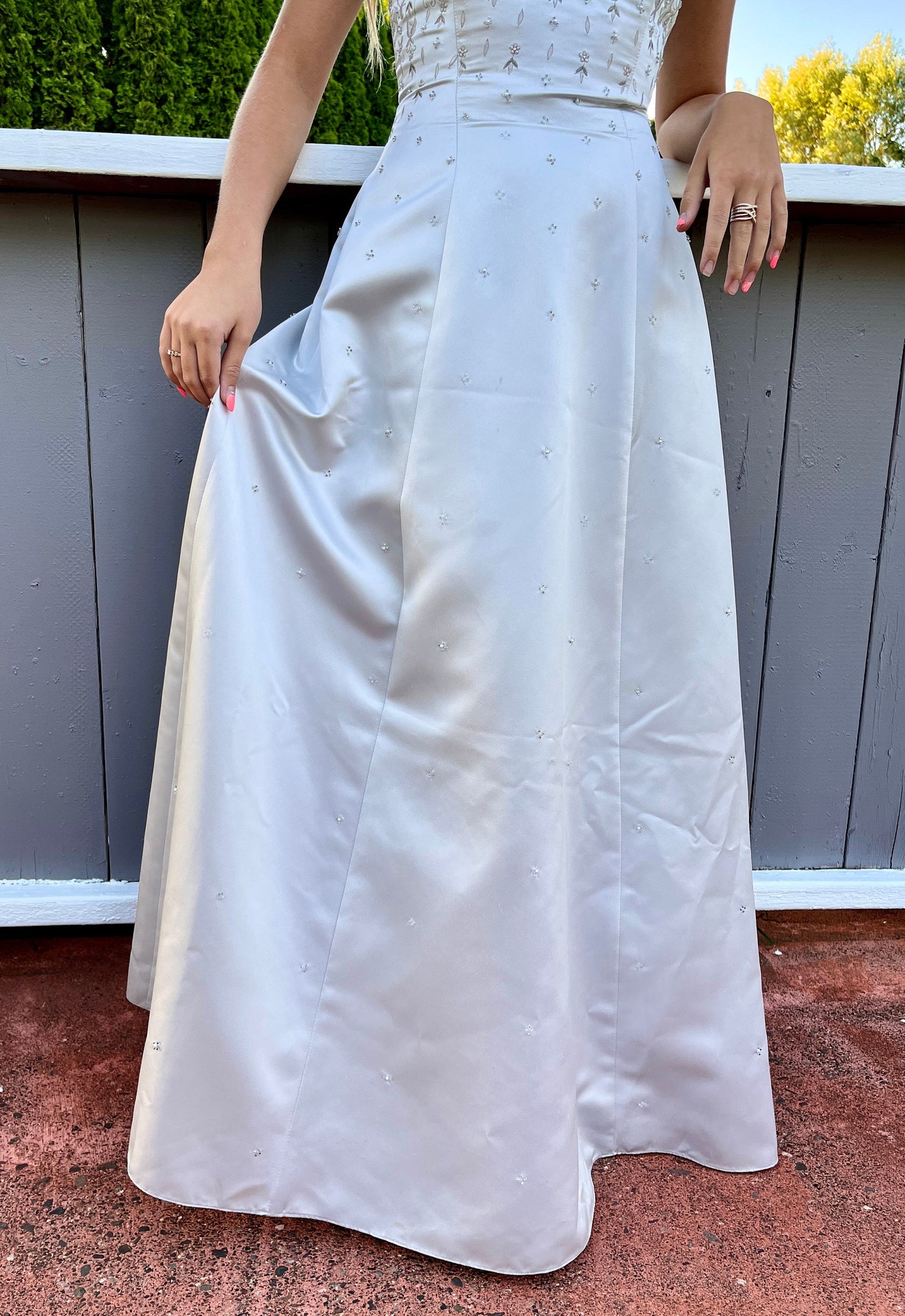 Strapless Gray-Blue Dress with Beaded Bodice.