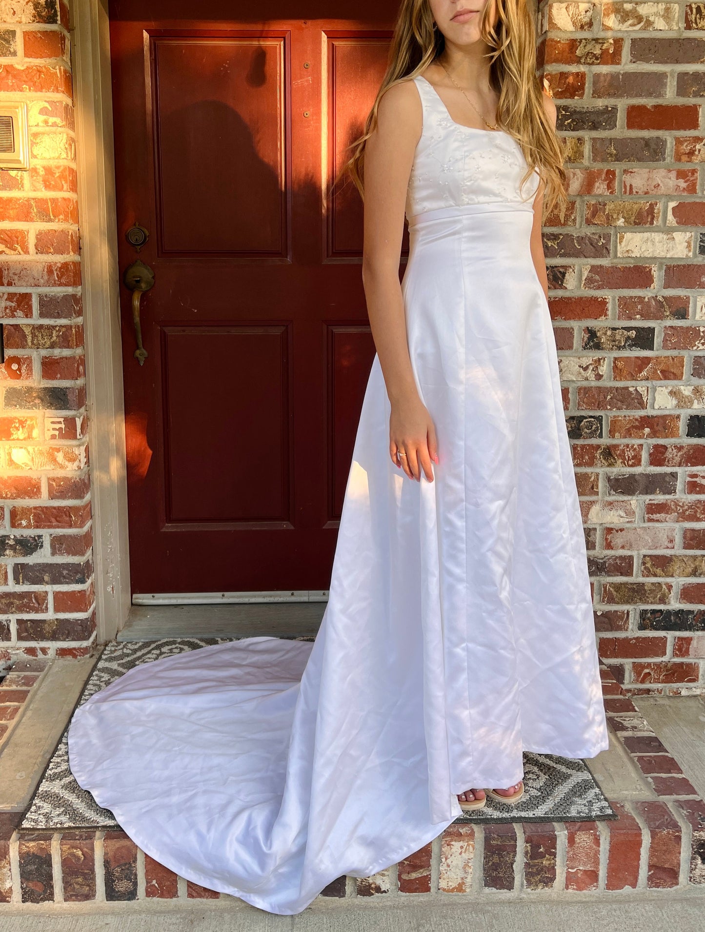 Sleeveless Wedding Dress with Empire Waistline & Short Train
