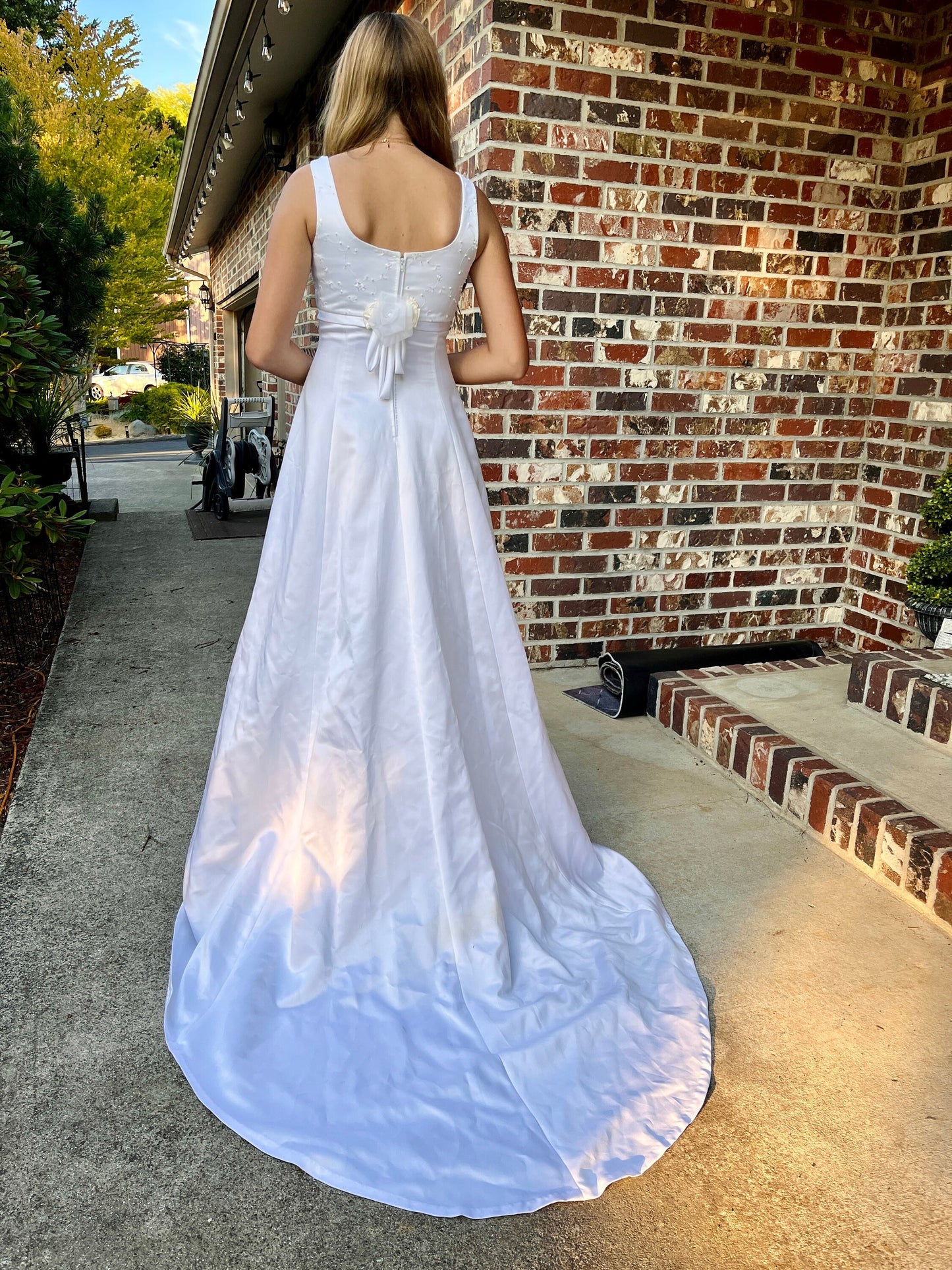 Sleeveless Wedding Dress with Empire Waistline & Short Train
