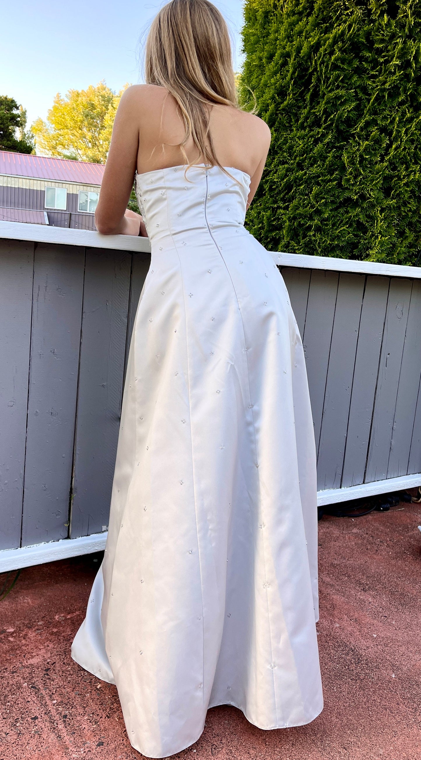 Strapless Gray-Blue Dress with Beaded Bodice.