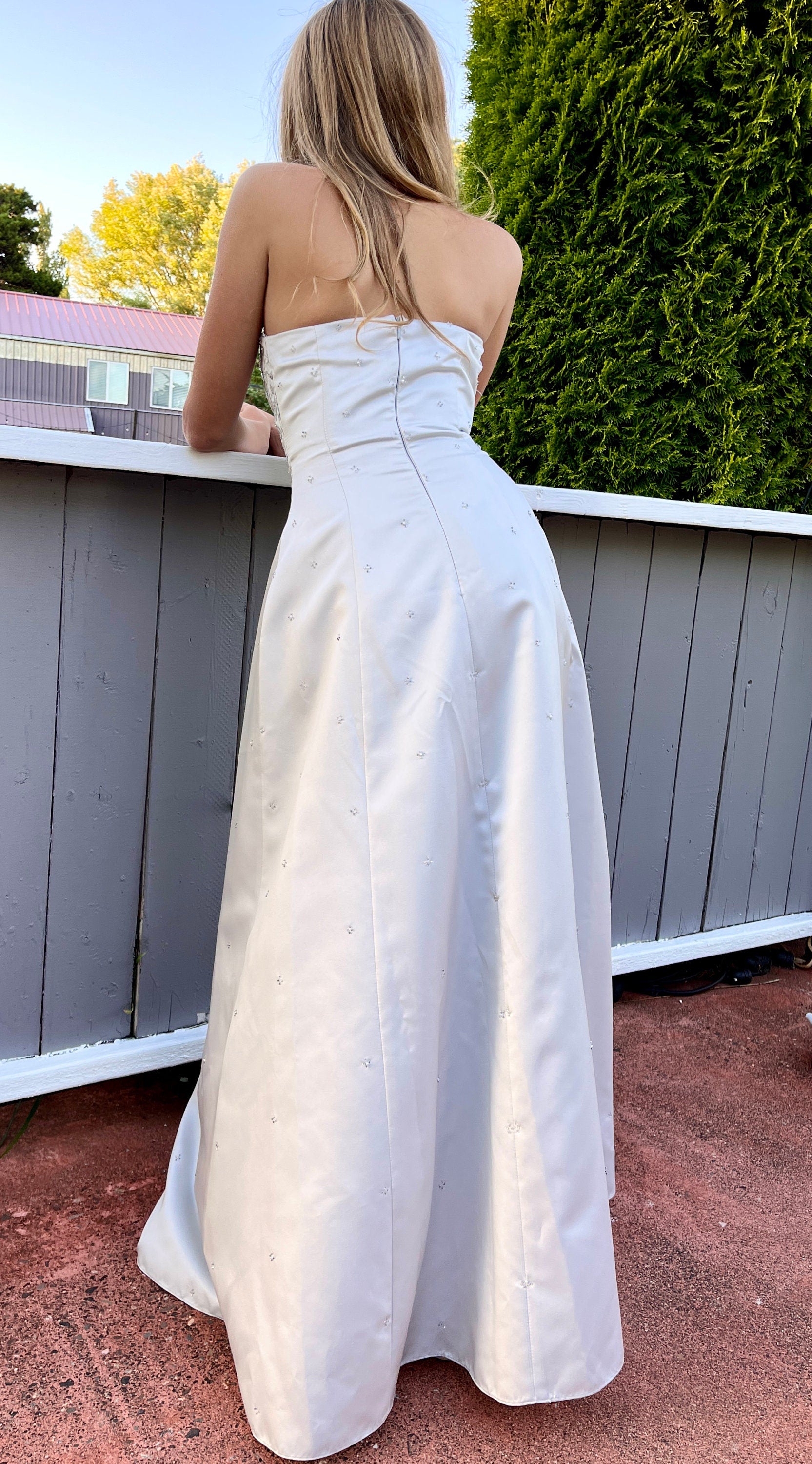 Strapless Gray-Blue Dress with Beaded Bodice.