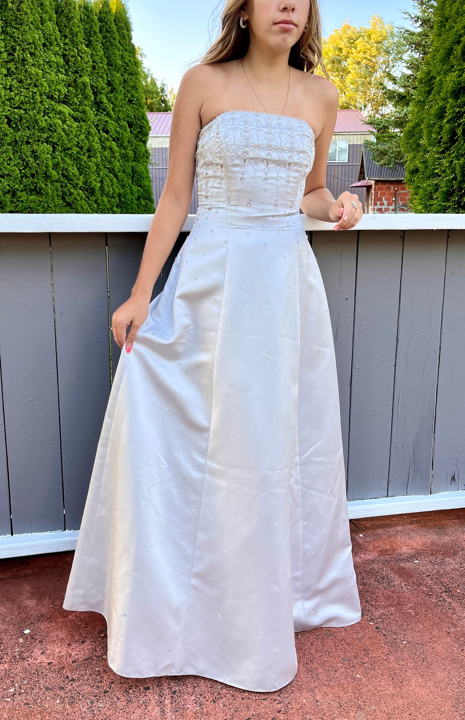 Strapless Gray-Blue Dress with Beaded Bodice.