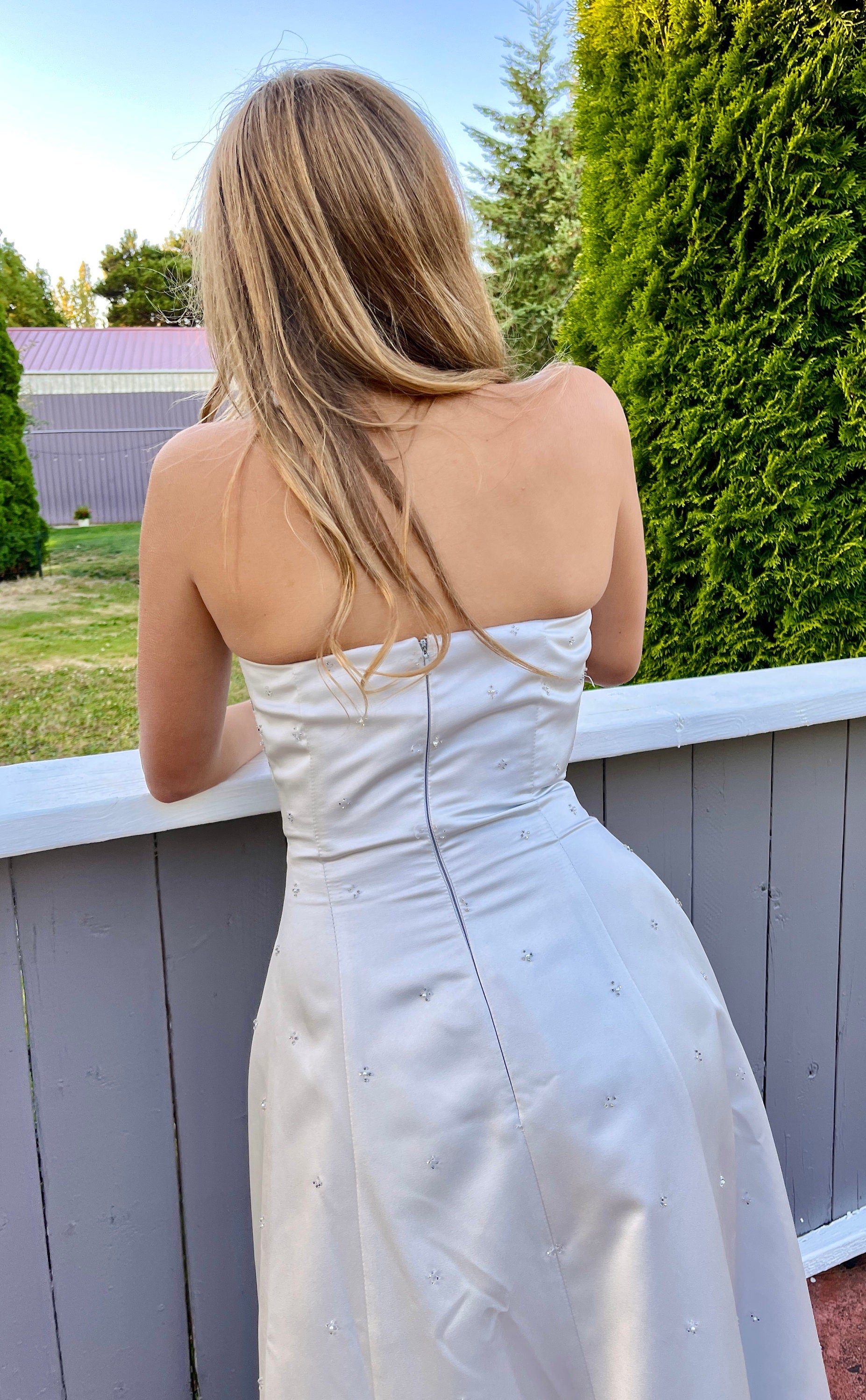 Strapless Gray-Blue Dress with Beaded Bodice.