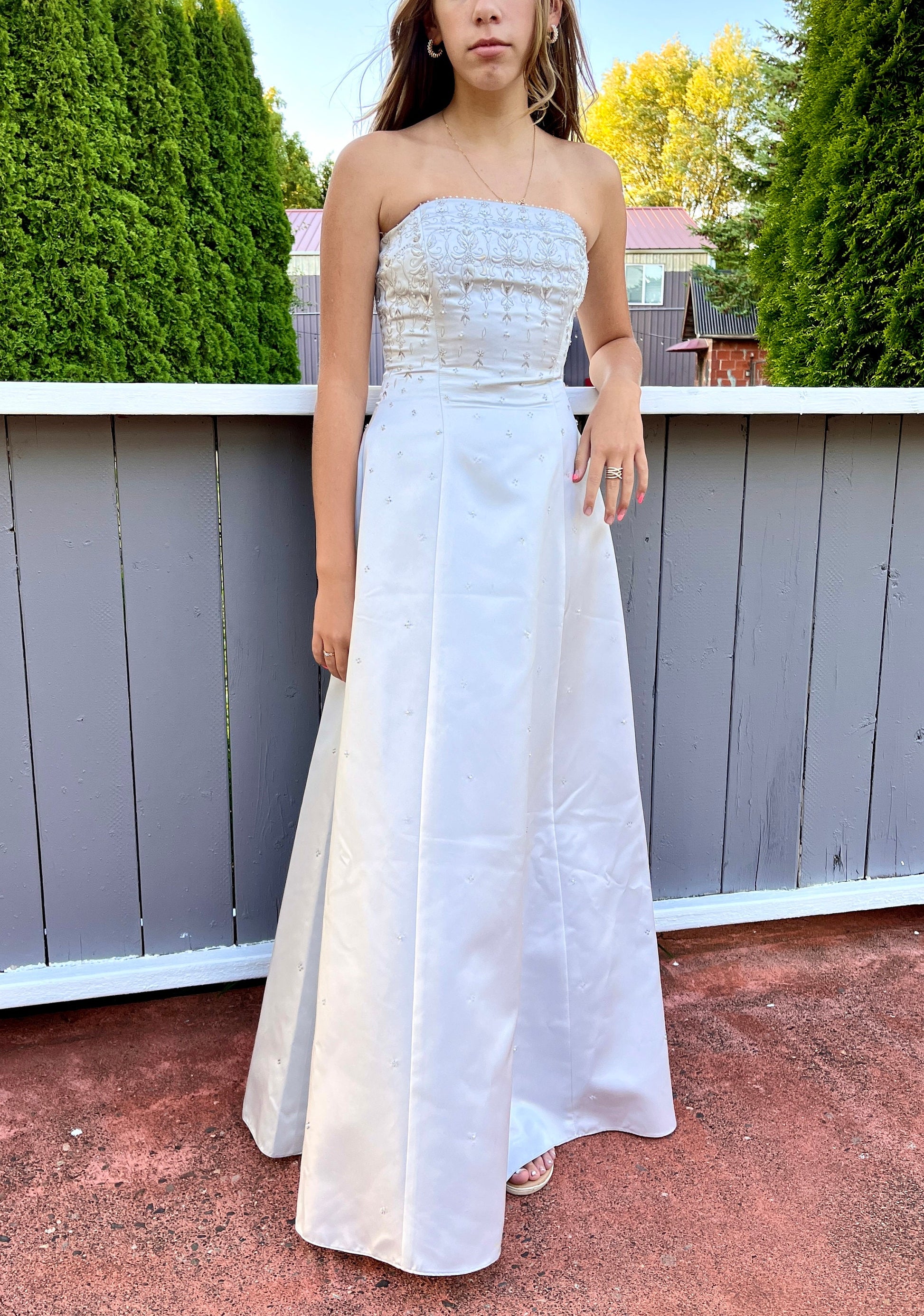 Strapless Gray-Blue Dress with Beaded Bodice.