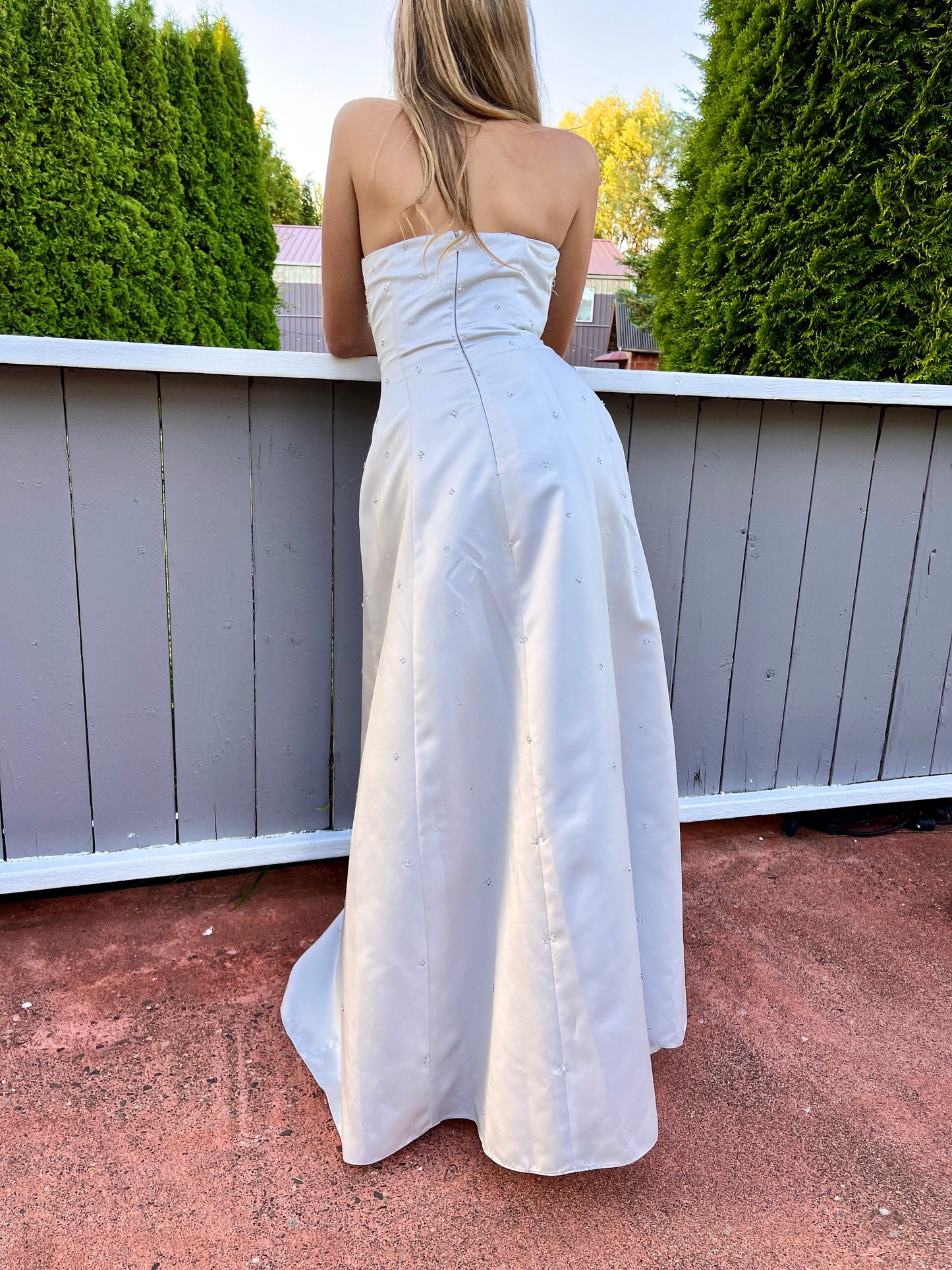 Strapless Gray-Blue Dress with Beaded Bodice.