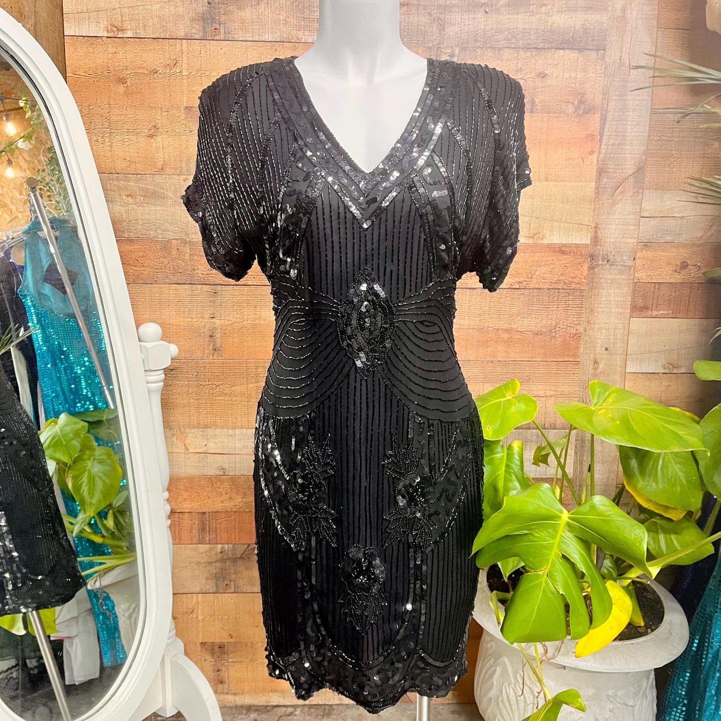 Vintage 1980s Stenay Black Silk Beaded Cocktail Dress with Open Back