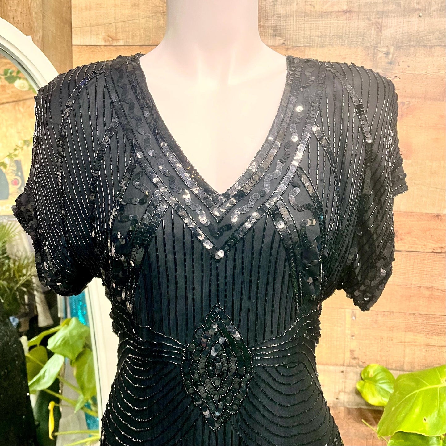 Vintage 1980s Stenay Black Silk Beaded Cocktail Dress with Open Back