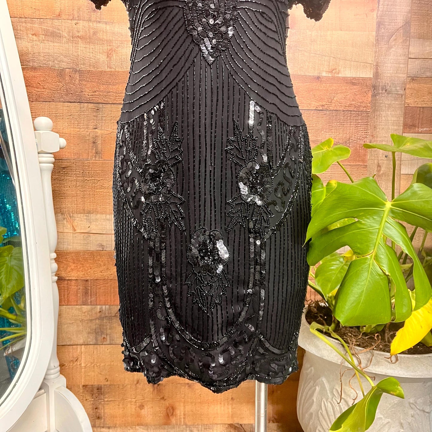 Vintage 1980s Stenay Black Silk Beaded Cocktail Dress with Open Back