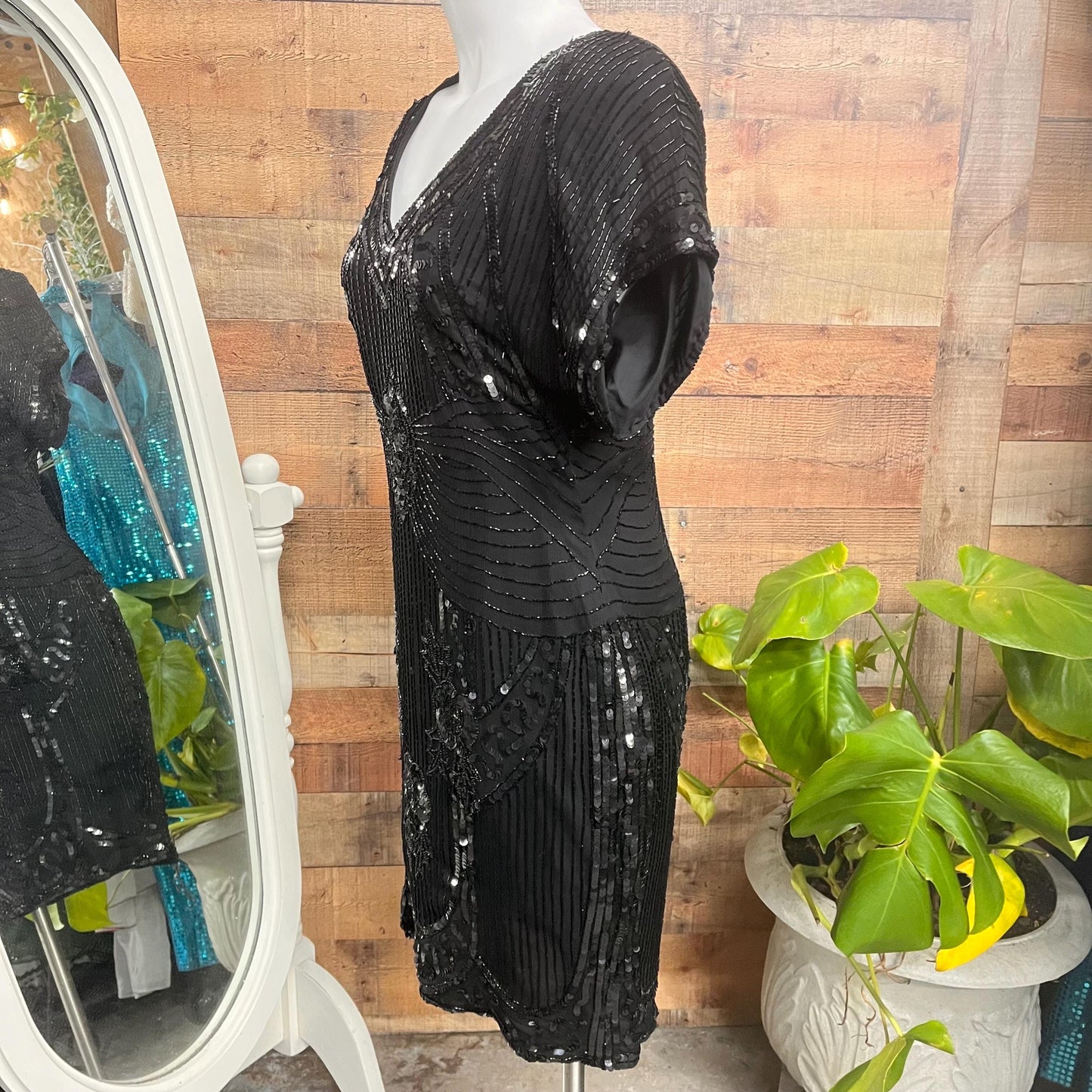 Vintage 1980s Stenay Black Silk Beaded Cocktail Dress with Open Back