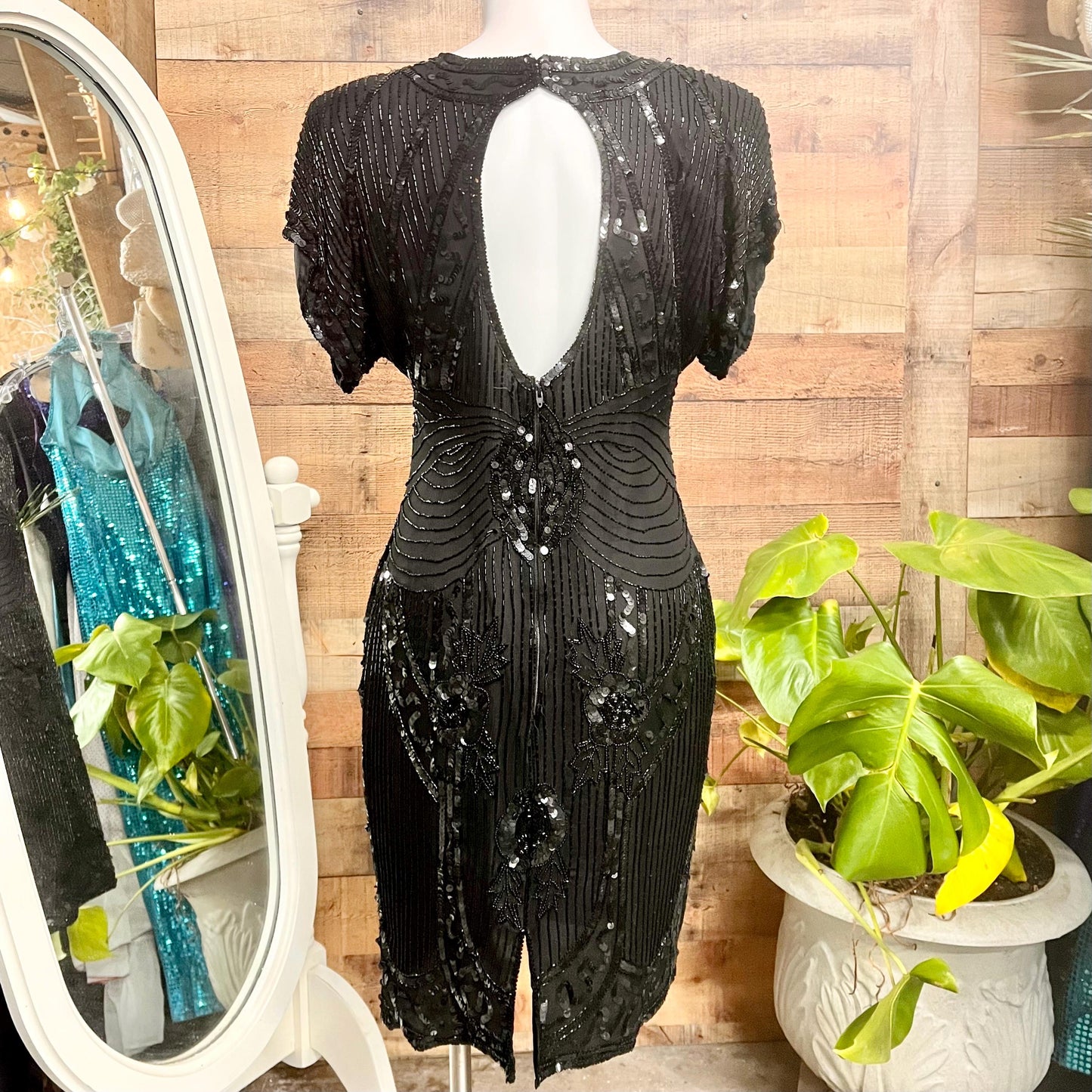 Vintage 1980s Stenay Black Silk Beaded Cocktail Dress with Open Back