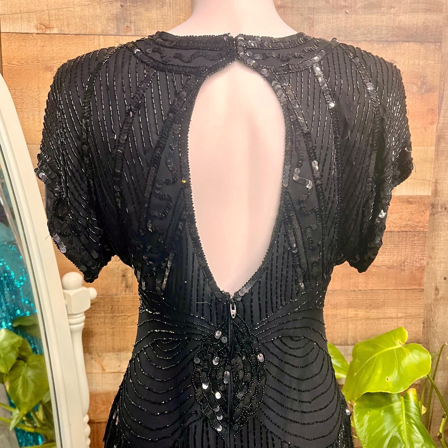 Vintage 1980s Stenay Black Silk Beaded Cocktail Dress with Open Back