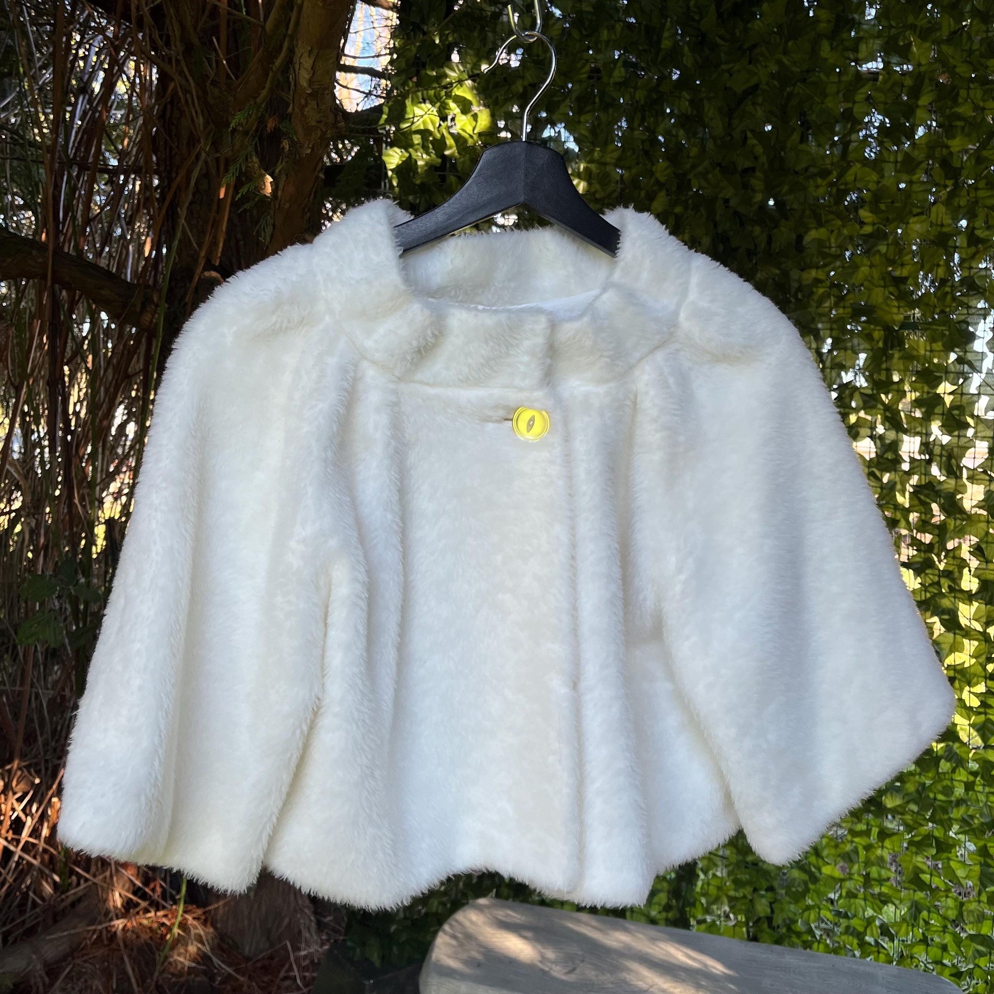 Cropped Cloud Jacket- Vintage White Faux Fur Cropped Cape Jacket with Button Closure