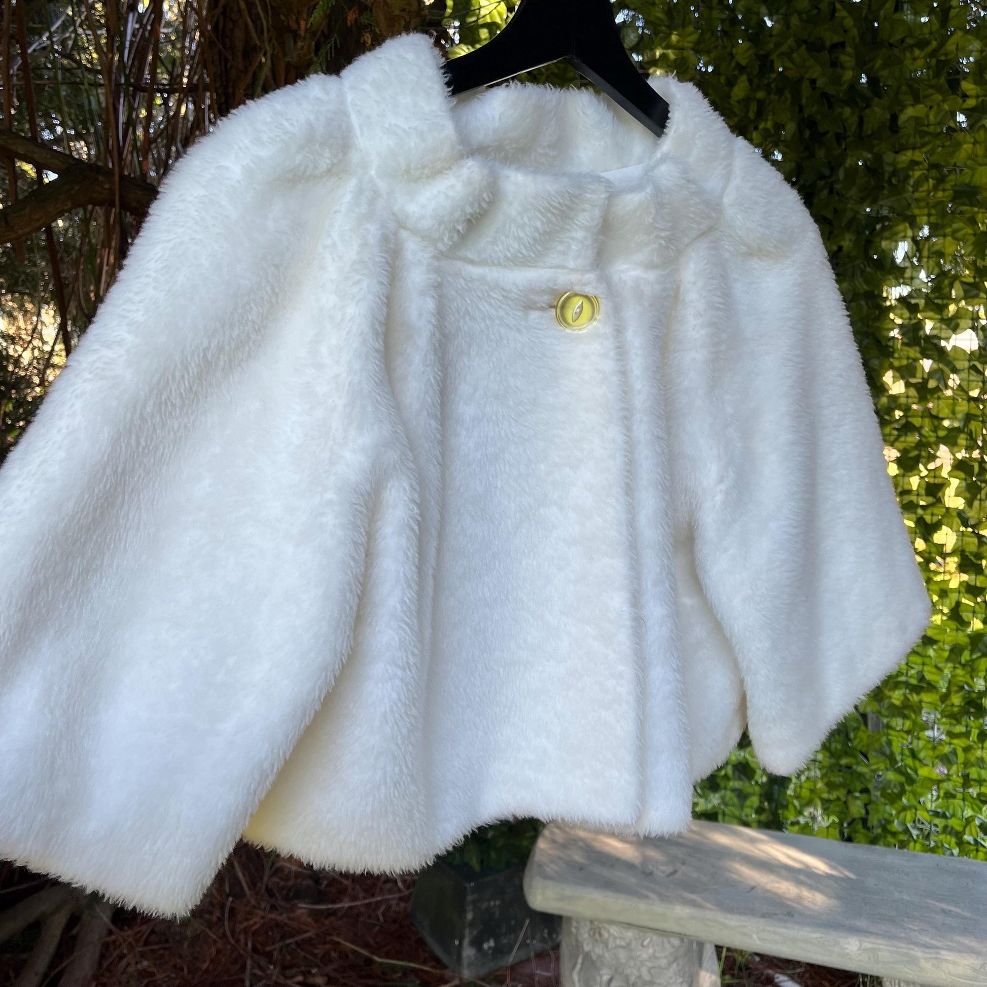 Cropped Cloud Jacket- Vintage White Faux Fur Cropped Cape Jacket with Button Closure