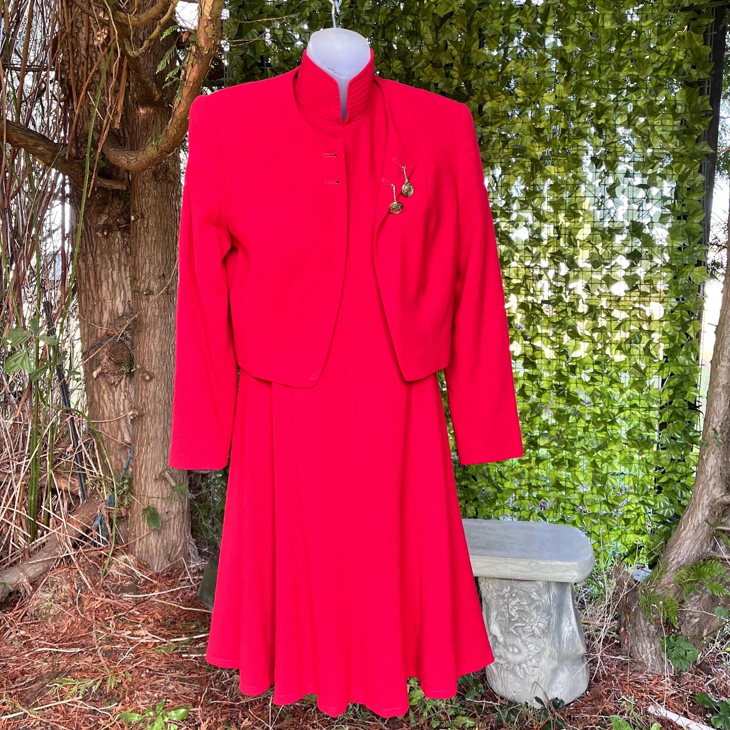 Elegant 2-piece Ensemble, Red Wool Dress & Jacket Set by Linda Allard, Ellen Tracy