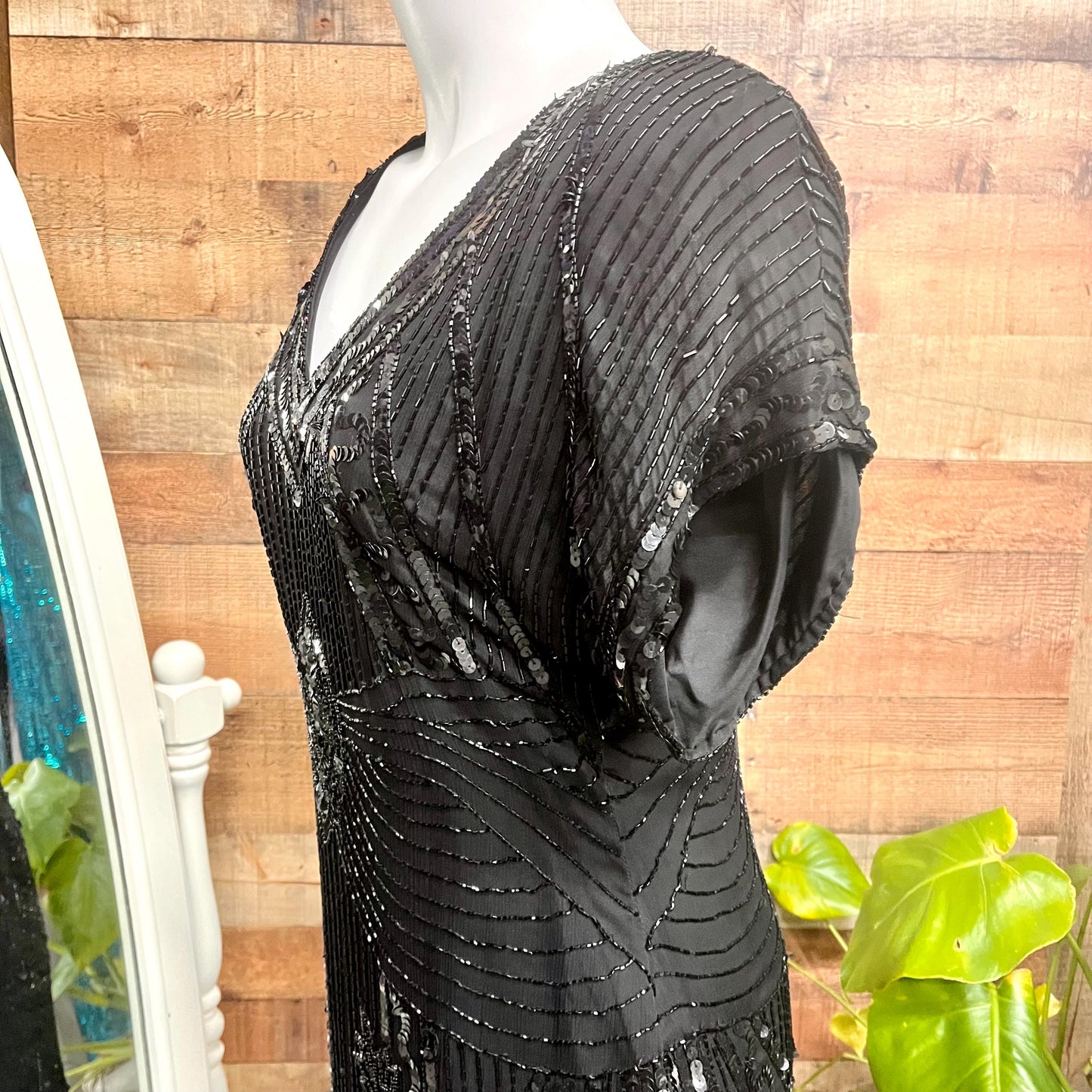 Vintage 1980s Stenay Black Silk Beaded Cocktail Dress with Open Back