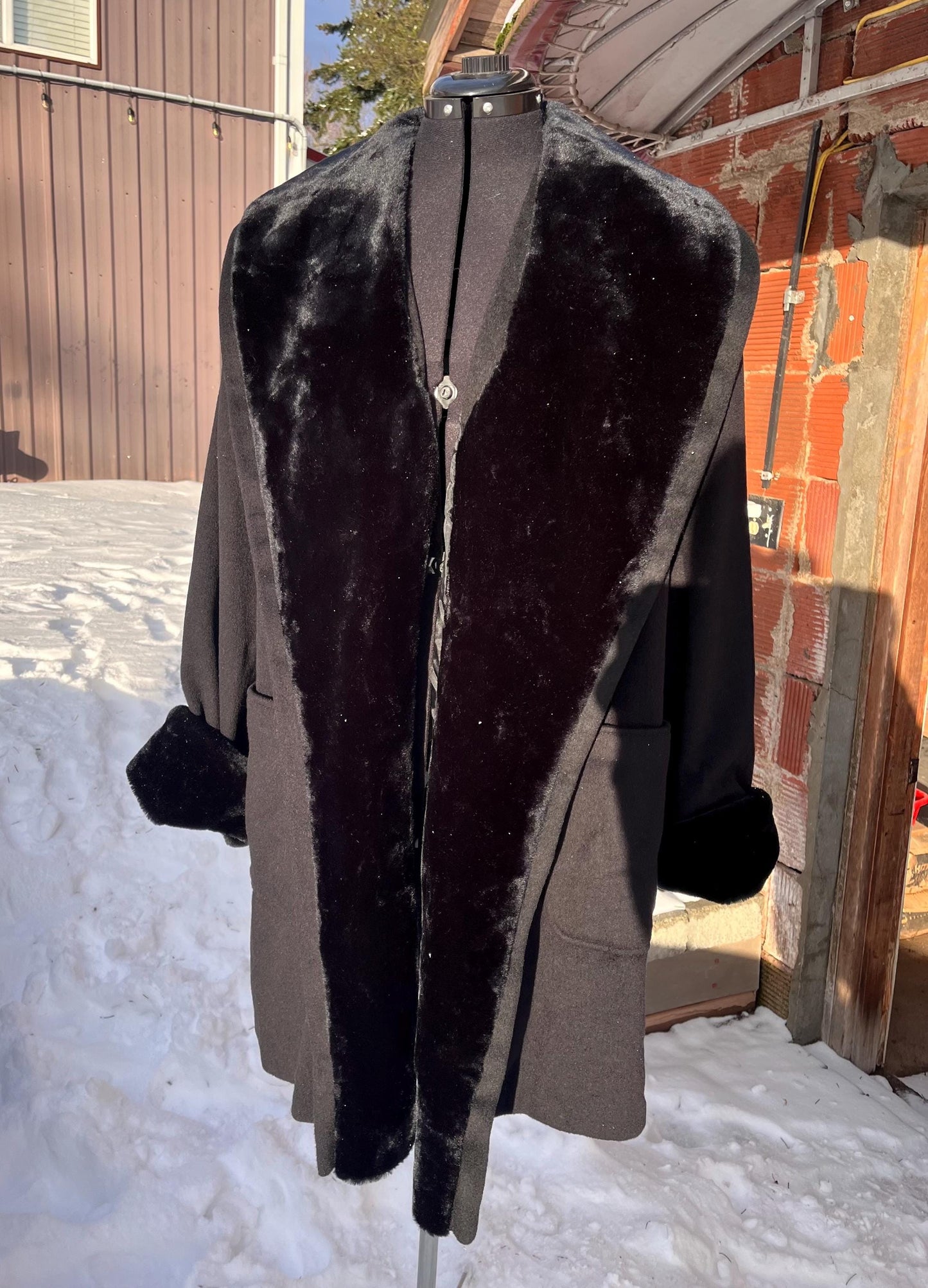 Vintage Black Wool Blend Coat with Faux Fur Details - The Limited